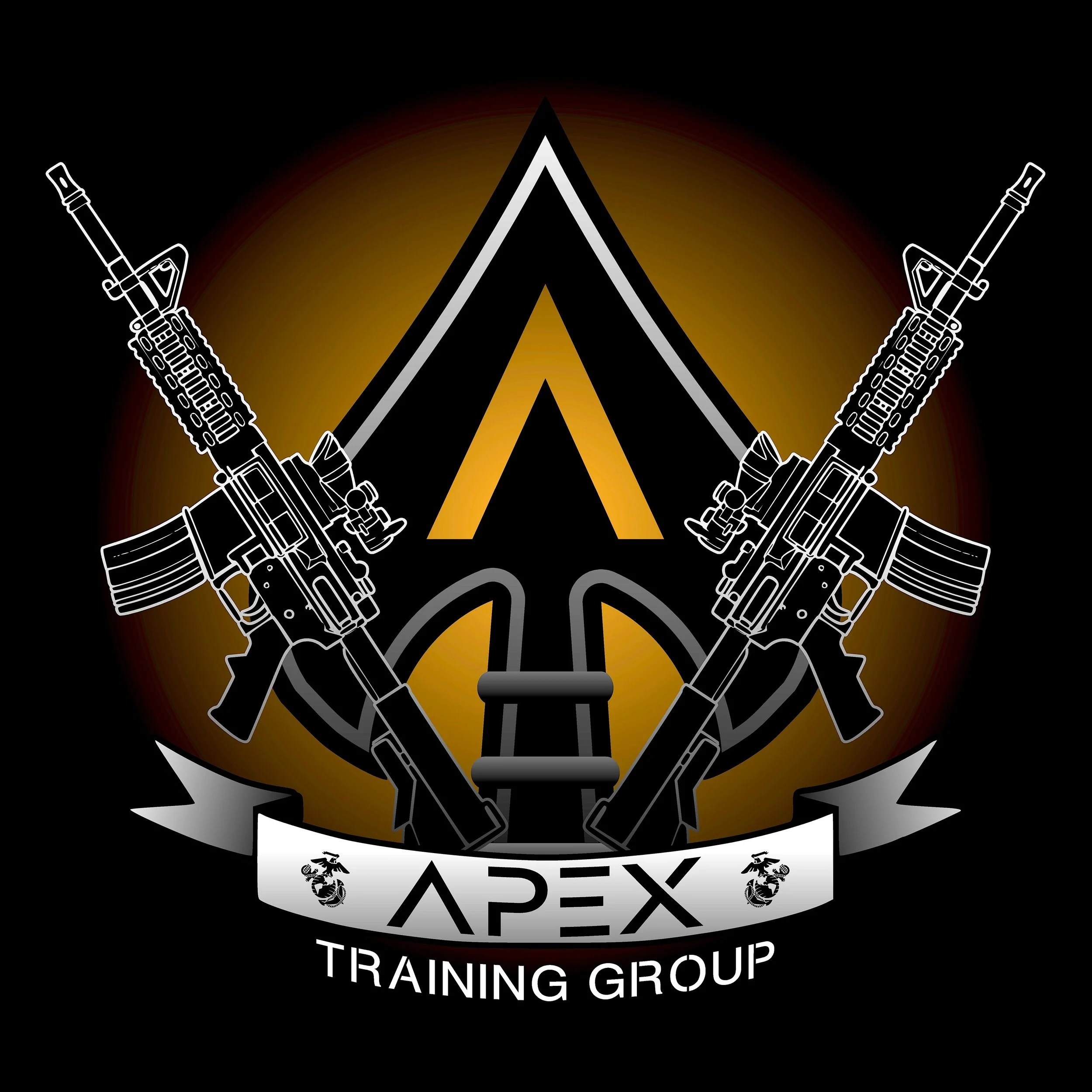 Black background with a gold and black military-style insignia, two white outline rifles crossing each other in front of a stylized black and gold A-shaped emblem, below a white banner with black text reading 'APEX' and smaller text 'Training Group' under it.