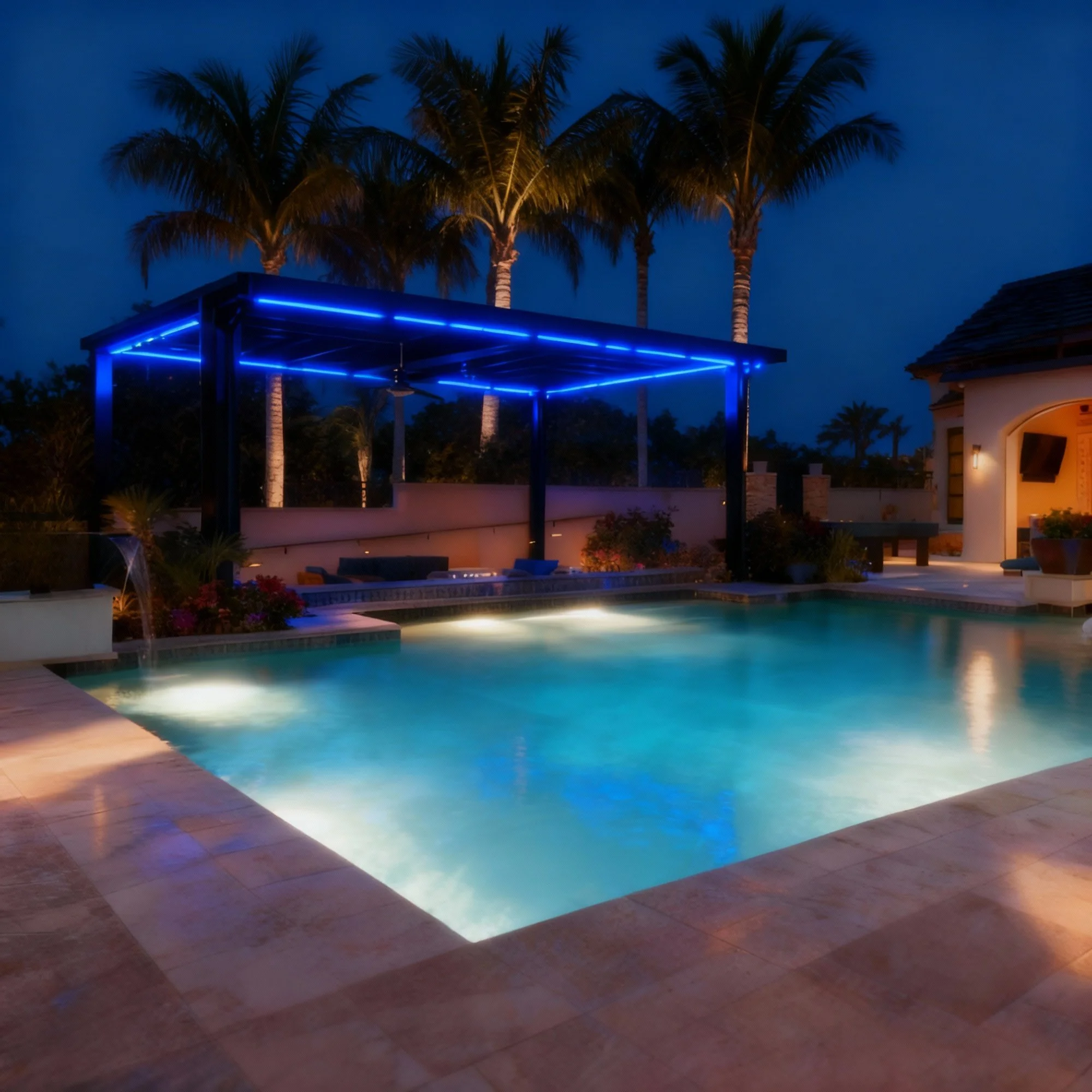 A backyard swimming pool illuminated at night with blue and white lighting, surrounded by palm trees and modern house architecture.