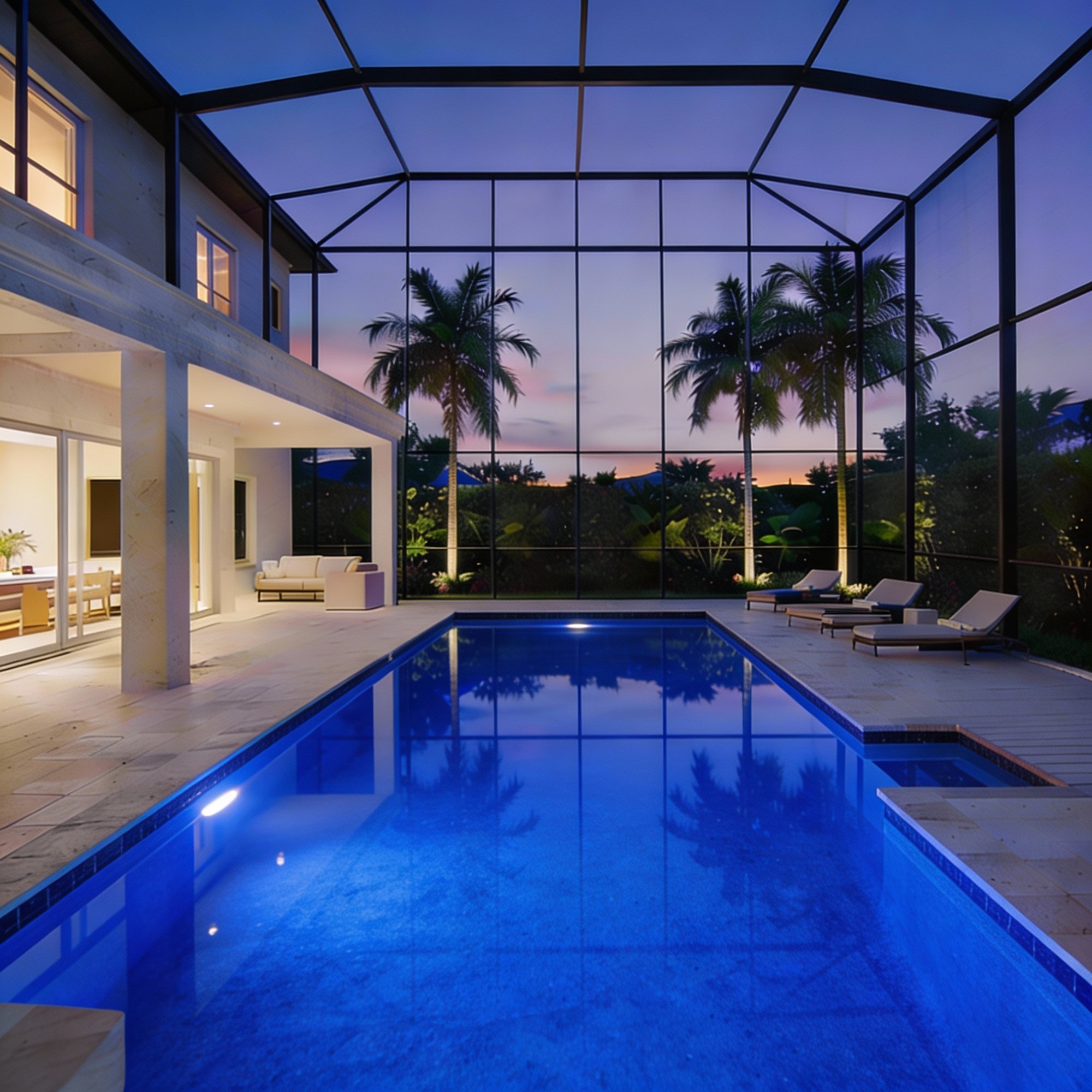 Luxurious backyard pool area at twilight with lounge chairs, tropical palm trees, and a screened enclosure.