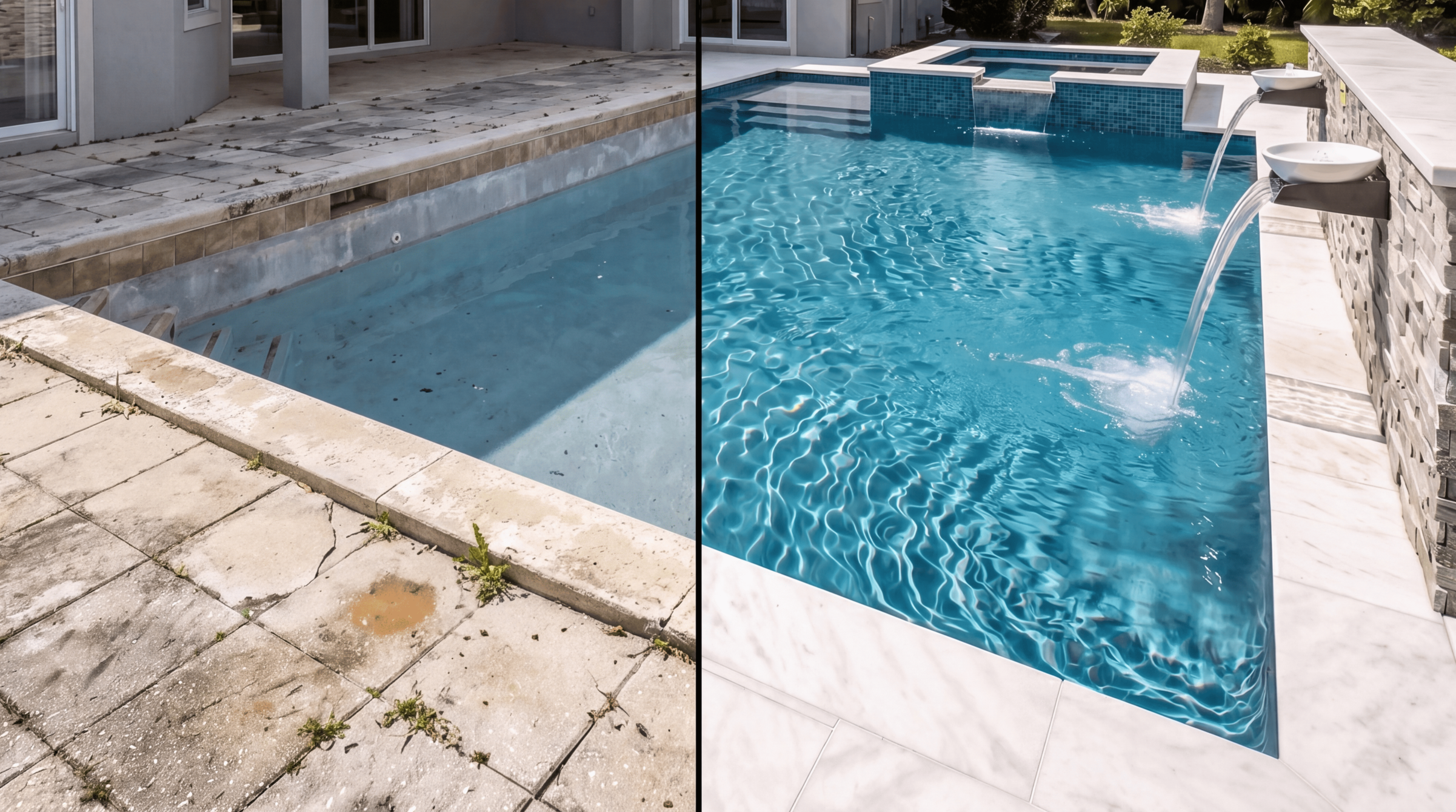 Before and after luxury pool renovation by Chosen Pool and Spa showcasing modern pool remodeling in Sarasota County.