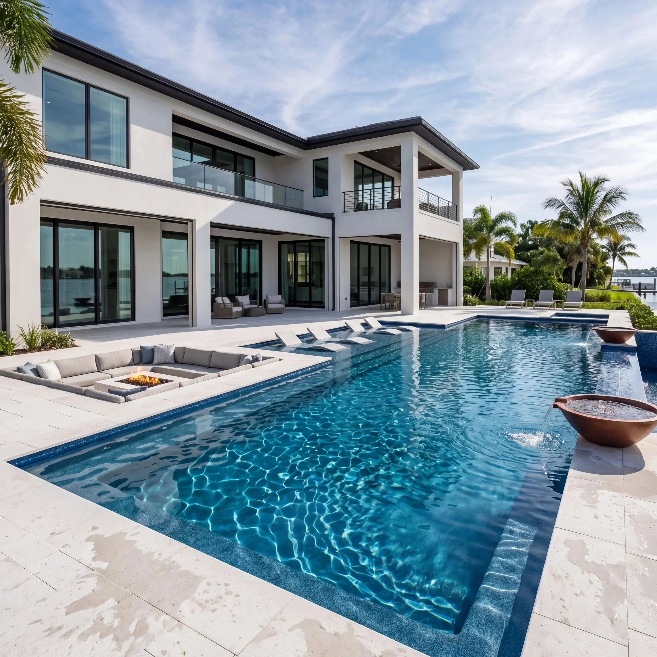 Modern luxury home in Sarasota, Florida with expansive glass windows, custom resort-style swimming pool, elegant outdoor lounge area, palm trees, and premium waterfront-inspired outdoor living design by Chosen Pool and Spa.