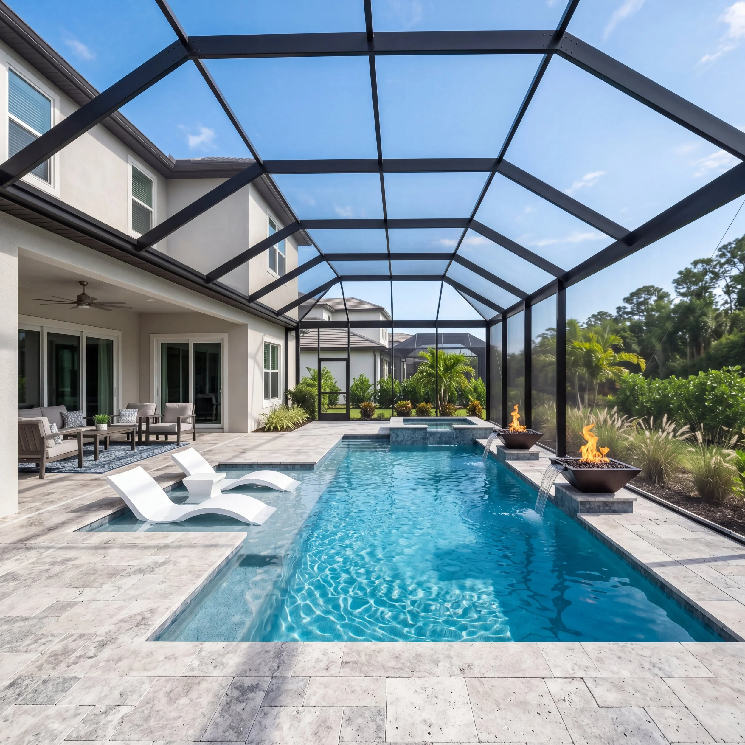 Screened luxury pool area with fire pit, lounge chairs, and modern outdoor living at a Sarasota waterfront home.