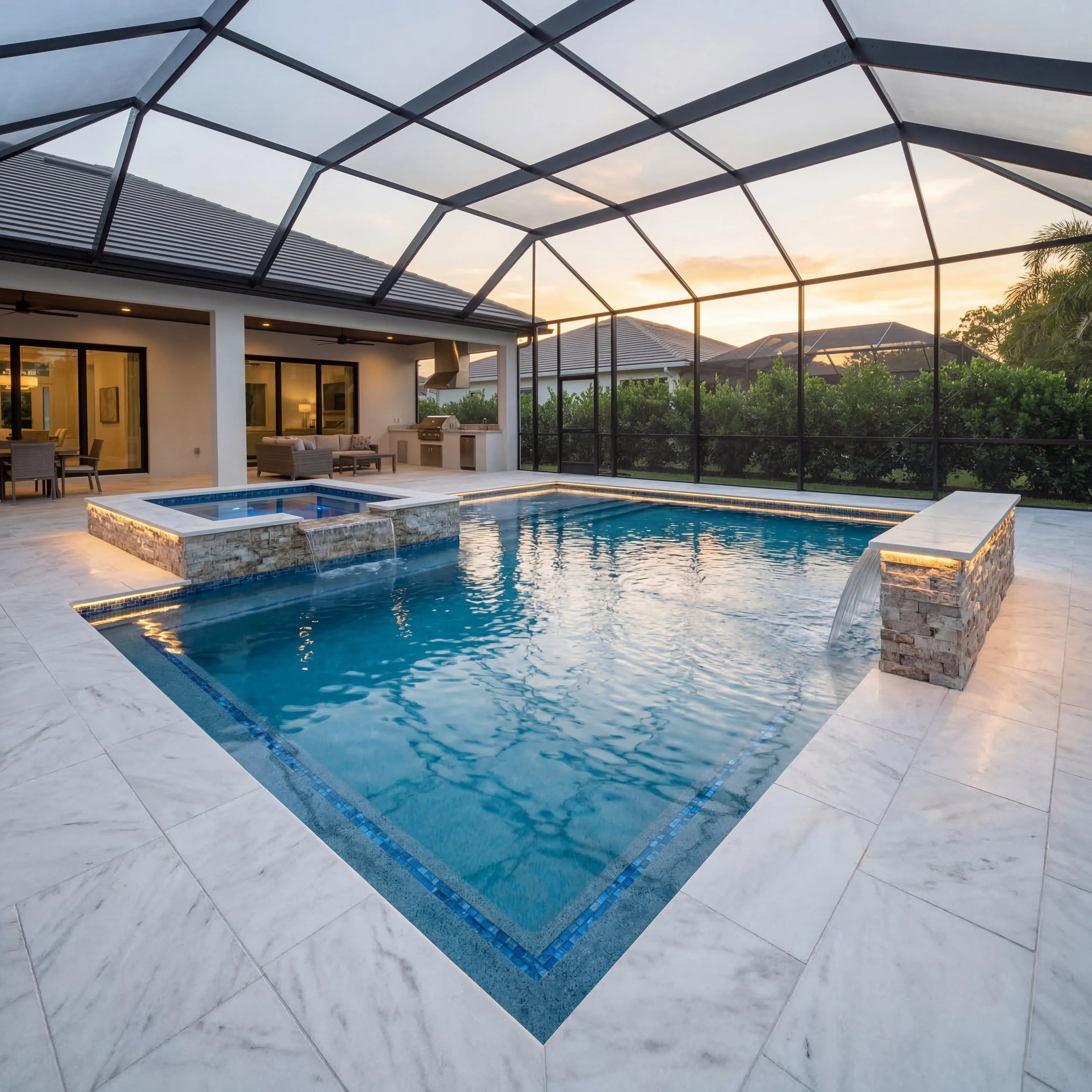 Modern waterfront backyard with custom swimming pool, white marble patio, and screened enclosure in Sarasota, Florida.