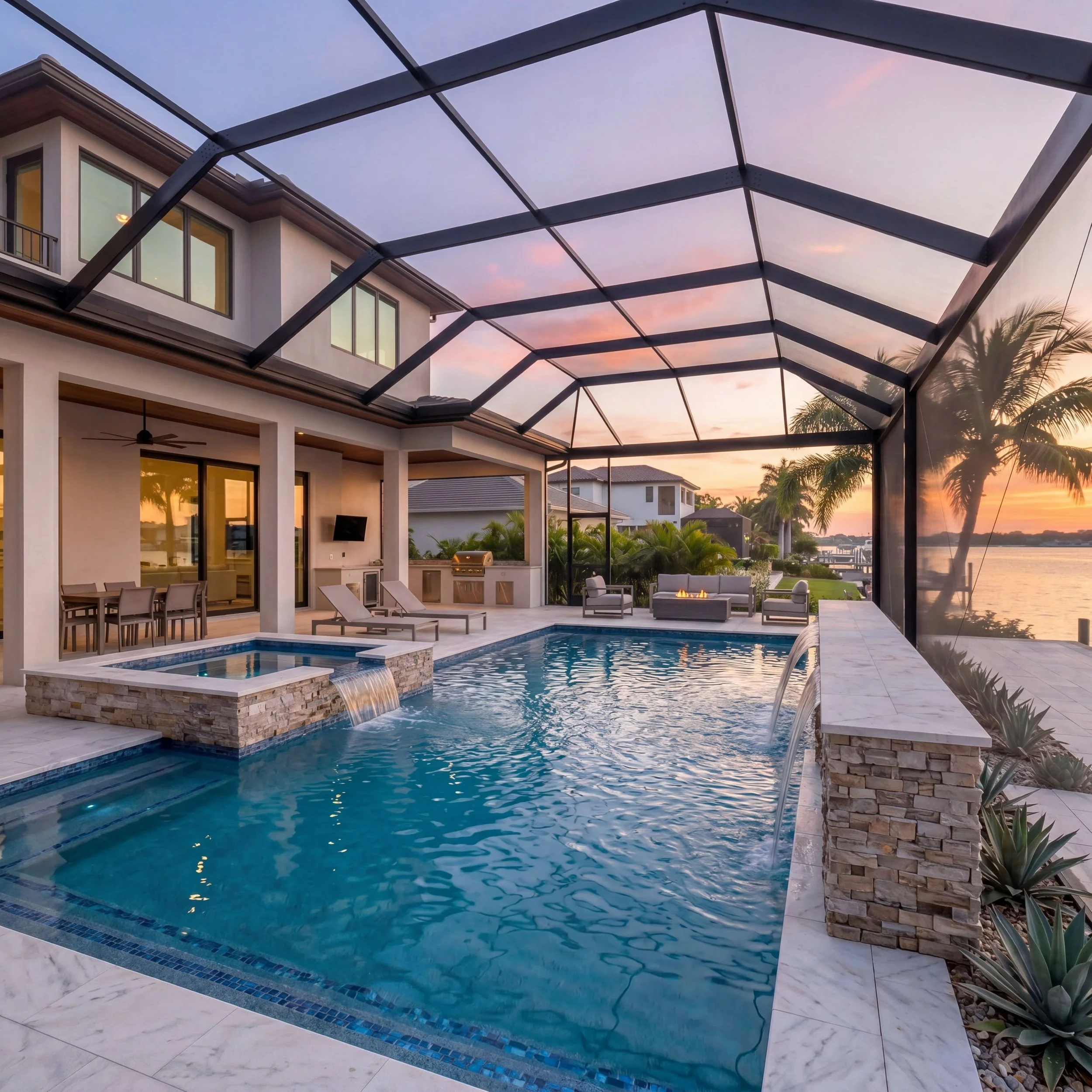 Resort-style backyard with custom swimming pool, fire pit, poolside seating, and luxury outdoor living design in Sarasota Florida at sunset.