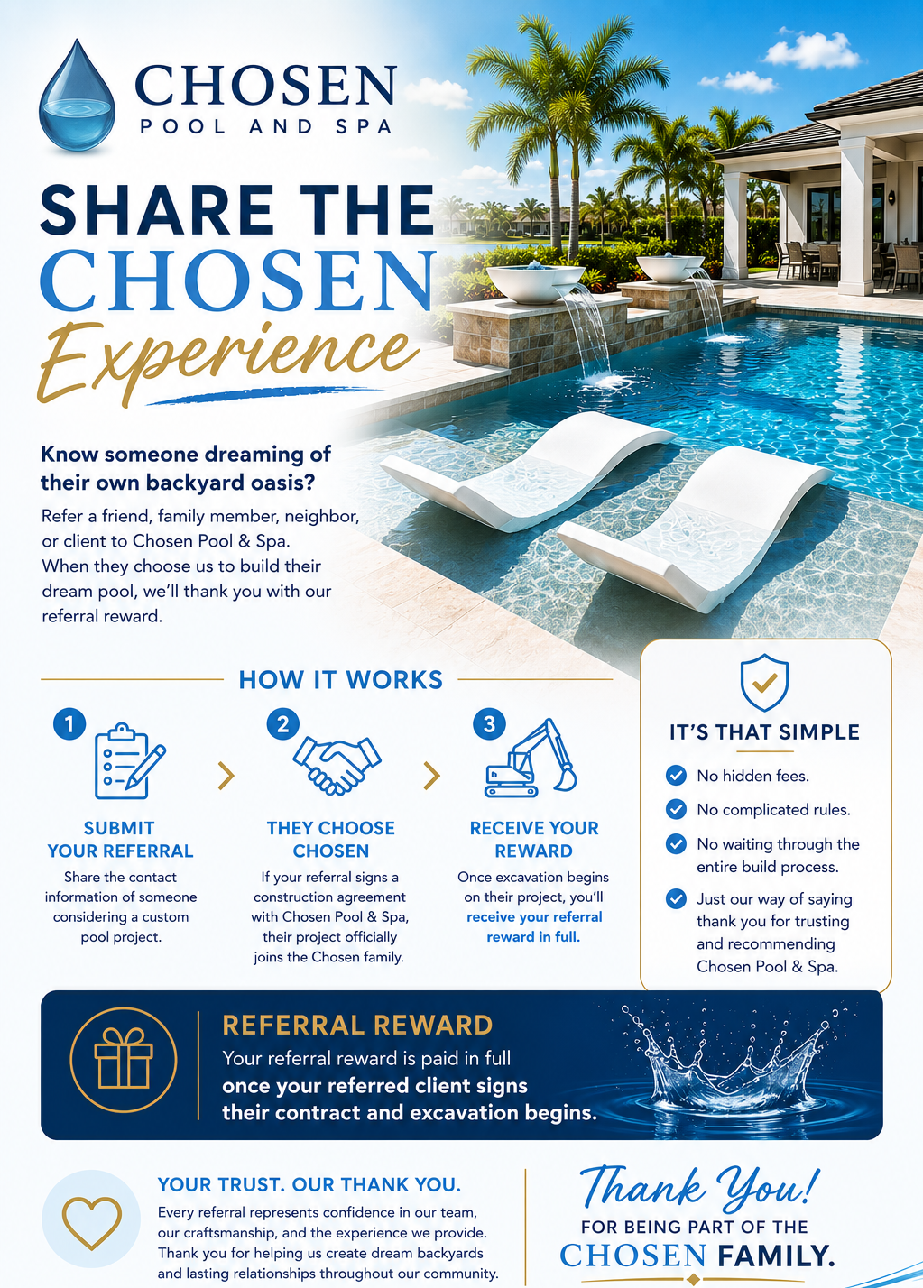 Chosen Pool & Spa referral program for custom pool construction throughout Sarasota, North Port, Venice, and Lakewood Ranch.