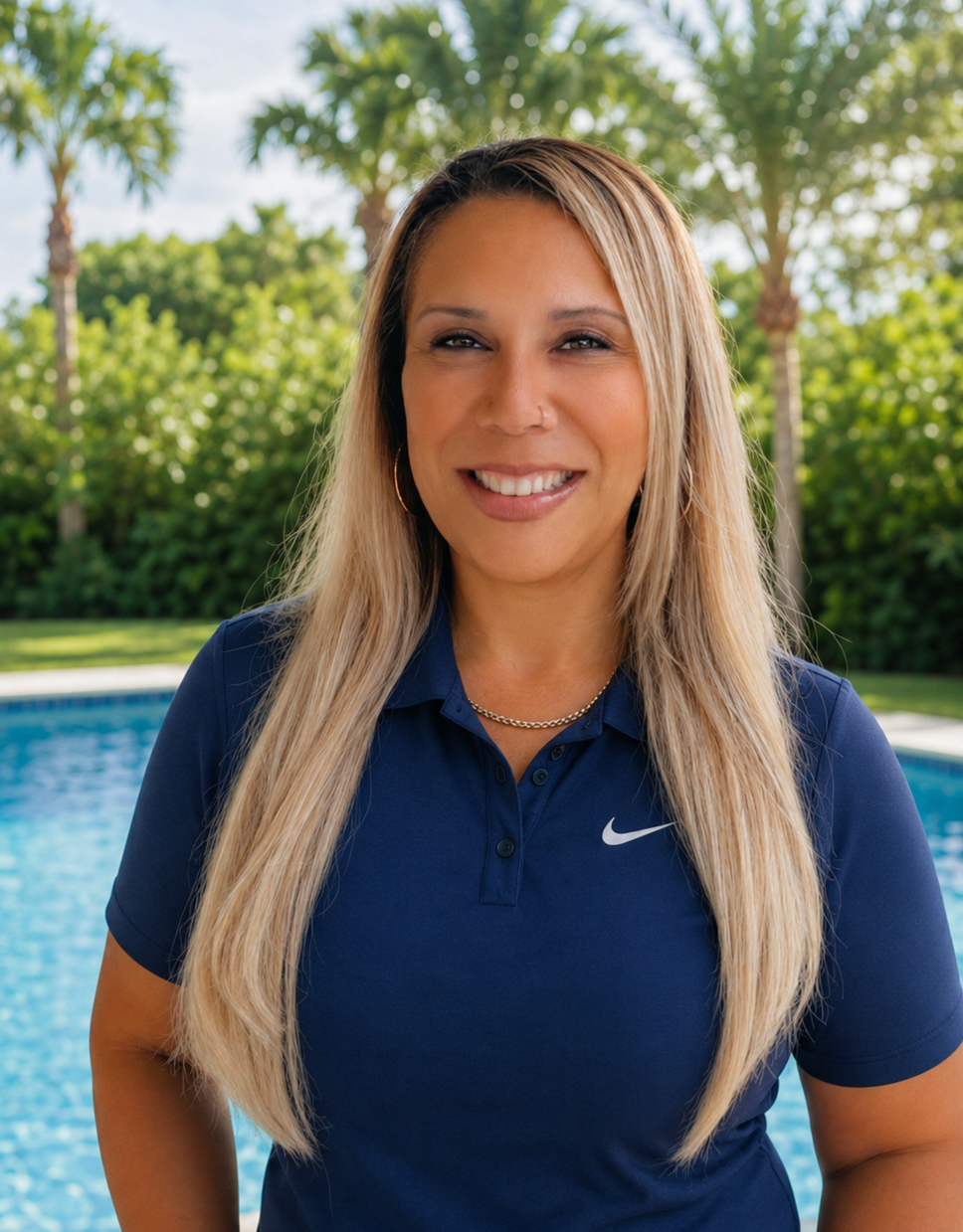 A smiling woman with long blonde hair, wearing a blue Nike polo shirt, standing outdoors near a swimming pool with lush green trees and palms in the background.