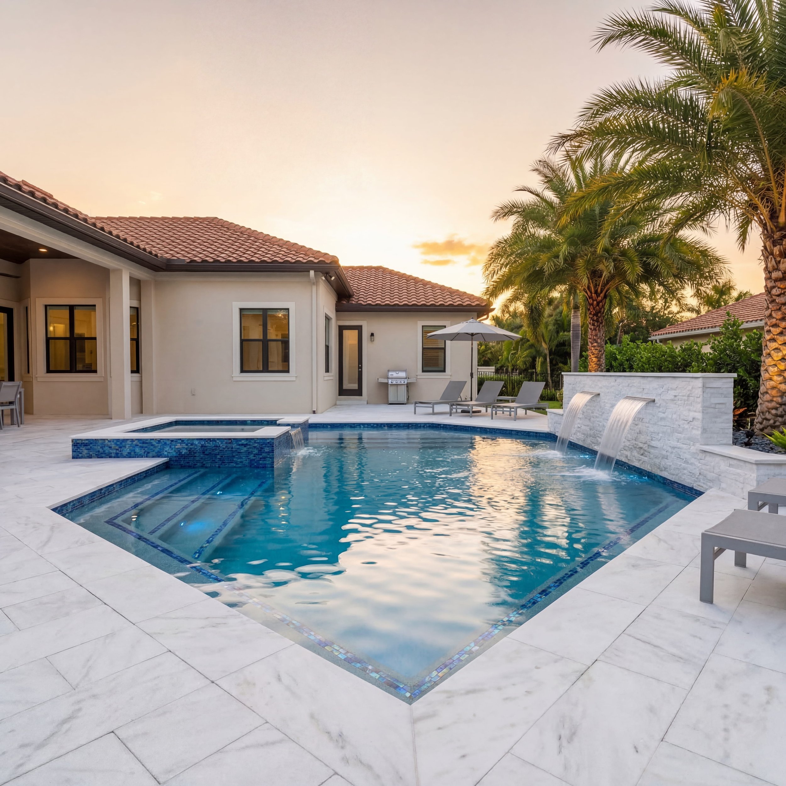 Backyard swimming pool with waterfall feature, palm trees, and luxury sunset outdoor living at a Florida home.
