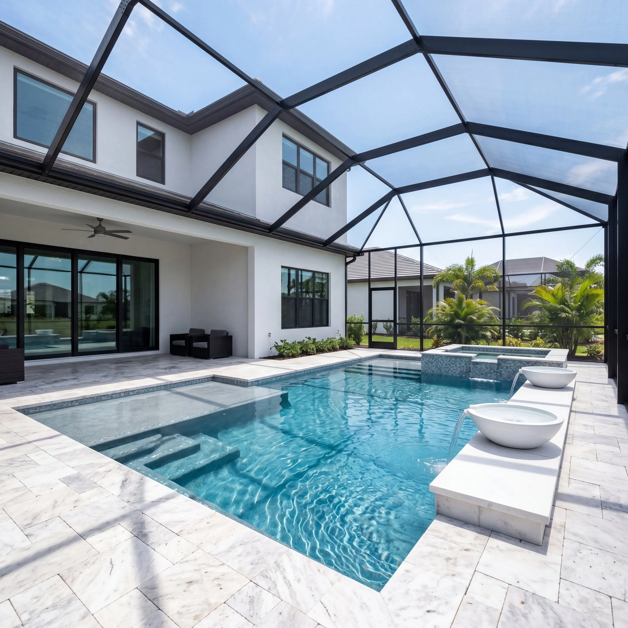 Waterfront custom pool and spa with covered patio, water feature, and luxury sunset views in Sarasota, Florida.
