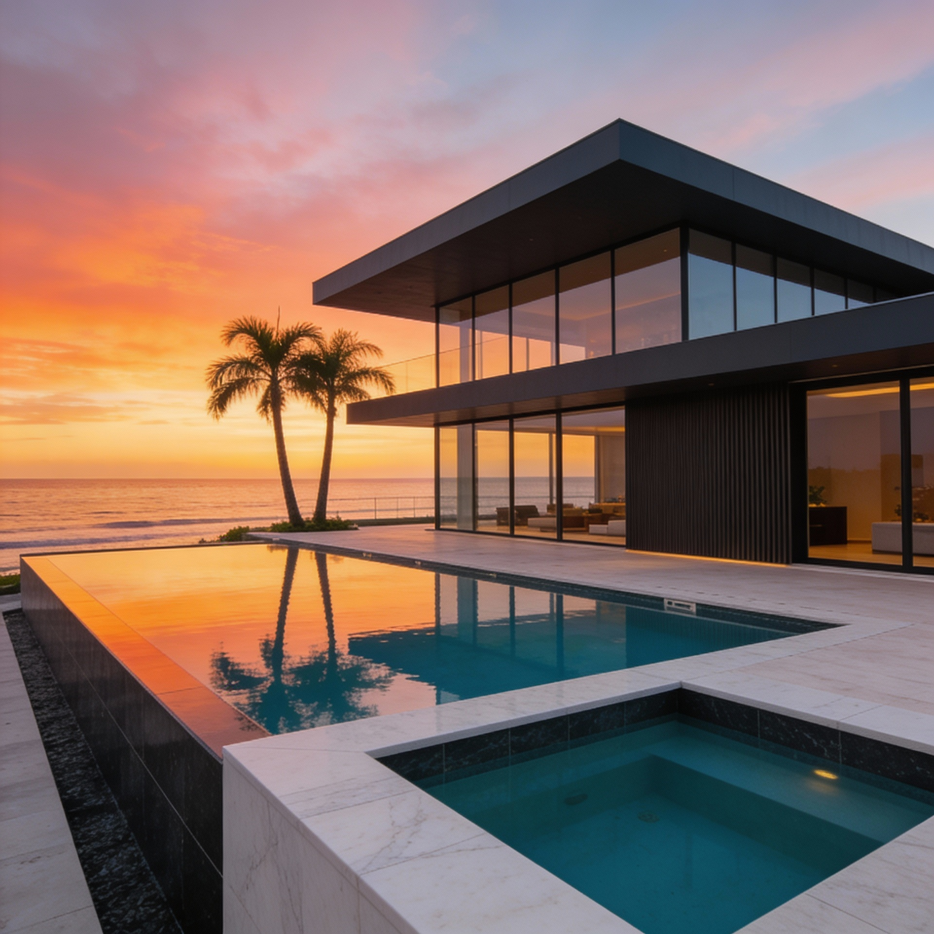 Modern house with large glass windows, outdoor swimming pool, and a hot tub at sunset.
