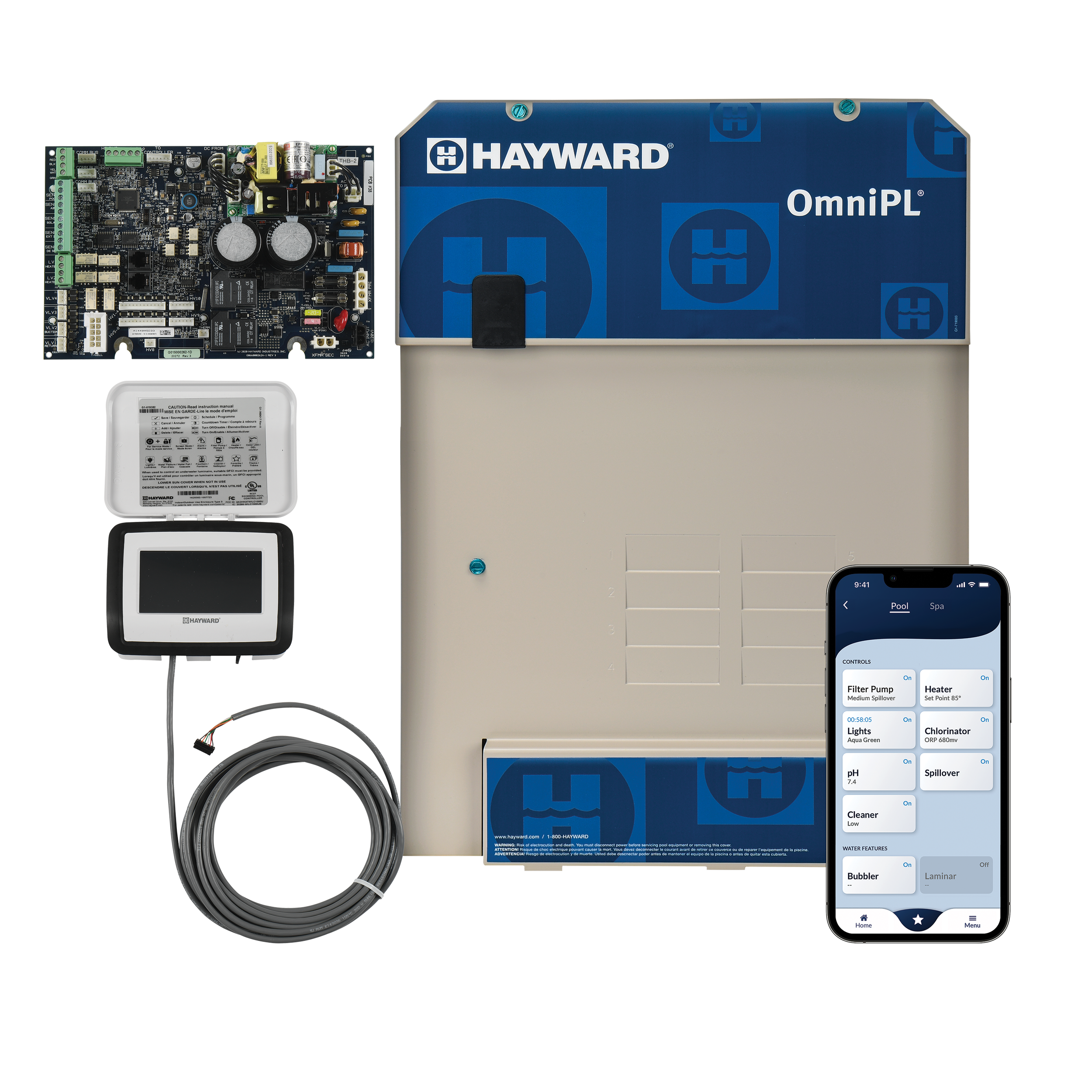 Pool automation system components including a control panel, digital touchscreen display, electrical wiring, and a smartphone app interface showing pool control options.