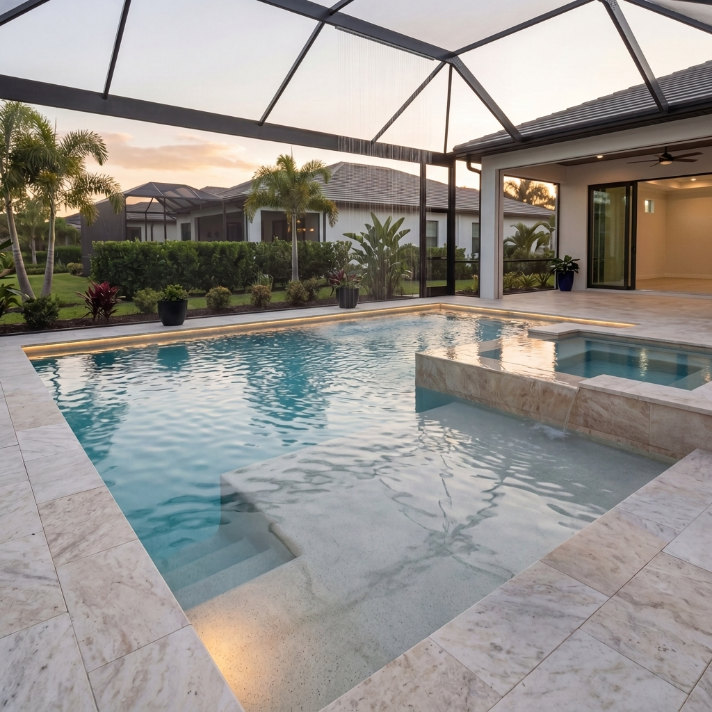 Screened-in custom swimming pool and spa surrounded by tropical landscaping at a luxury Sarasota Florida backyard designed by Chosen Pool and Spa.