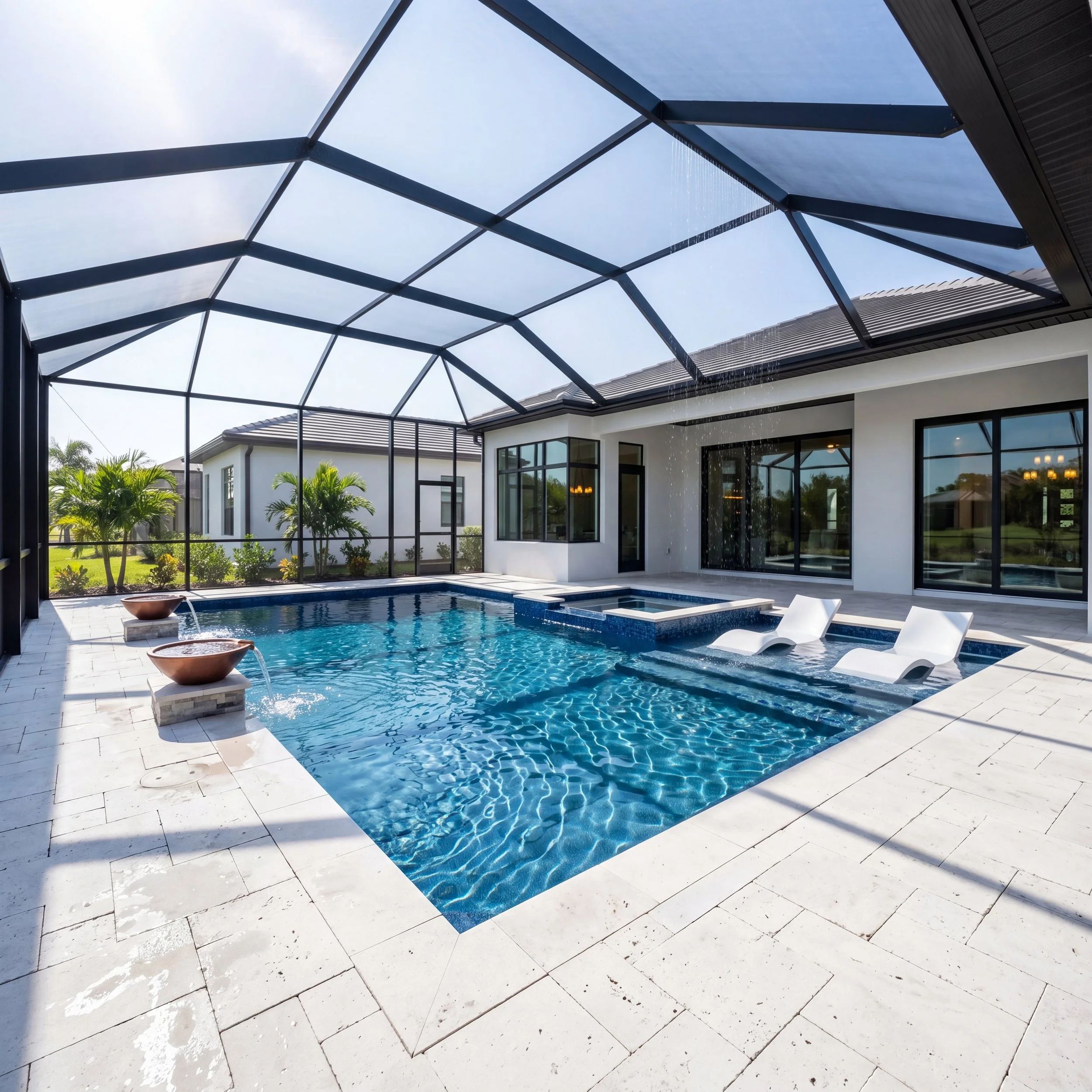 Modern custom swimming pool and screened lanai designed by Chosen Pool & Spa, a luxury pool builder serving Sarasota, Lakewood Ranch, North Port, and Southwest Florida.