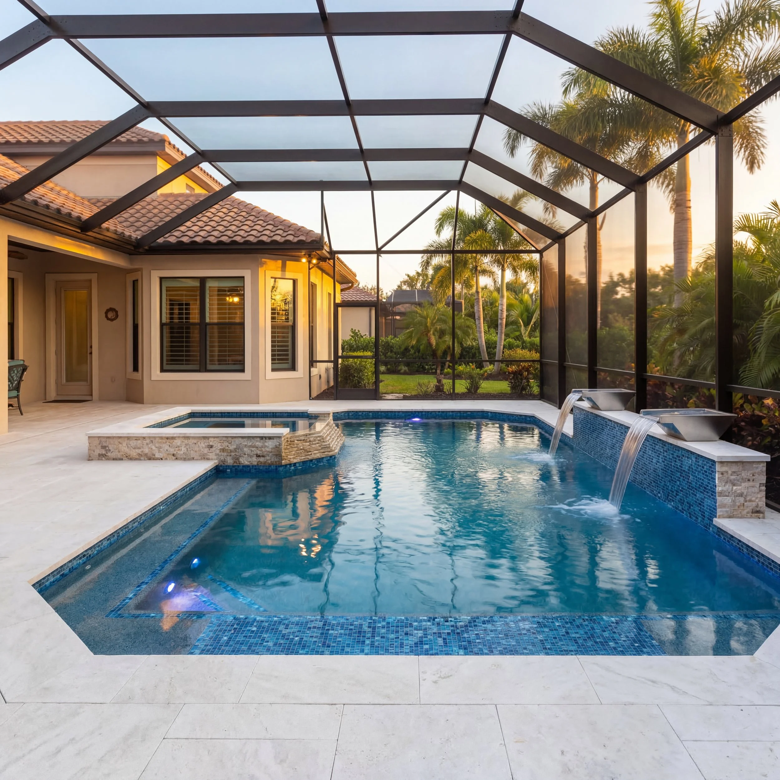 Residential pool and spa enclosed with screened lanai designed for luxury sunset outdoor living in Sarasota.