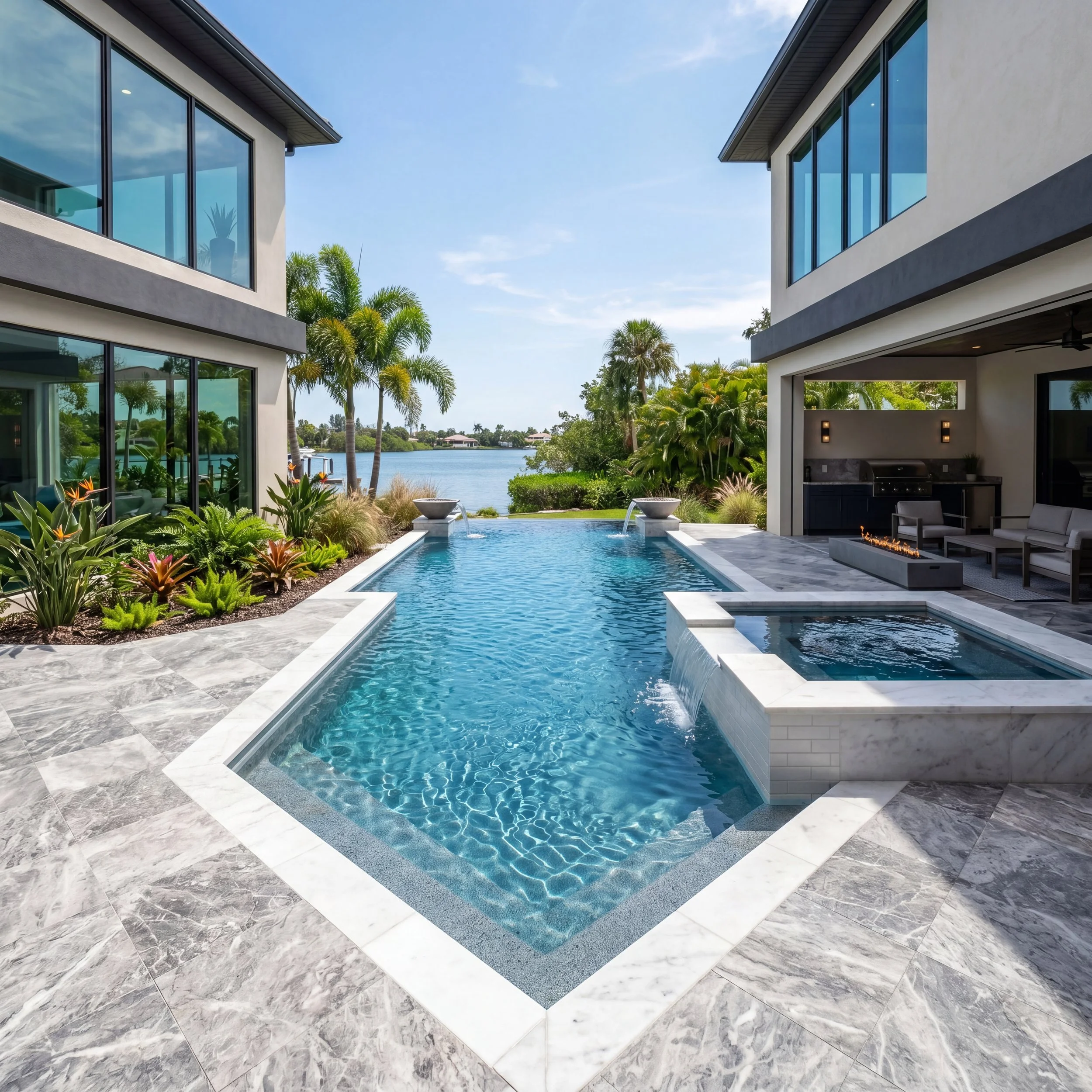 Modern waterfront custom pool with large glass windows, tropical landscaping, and luxury outdoor living in Sarasota, Florida.
