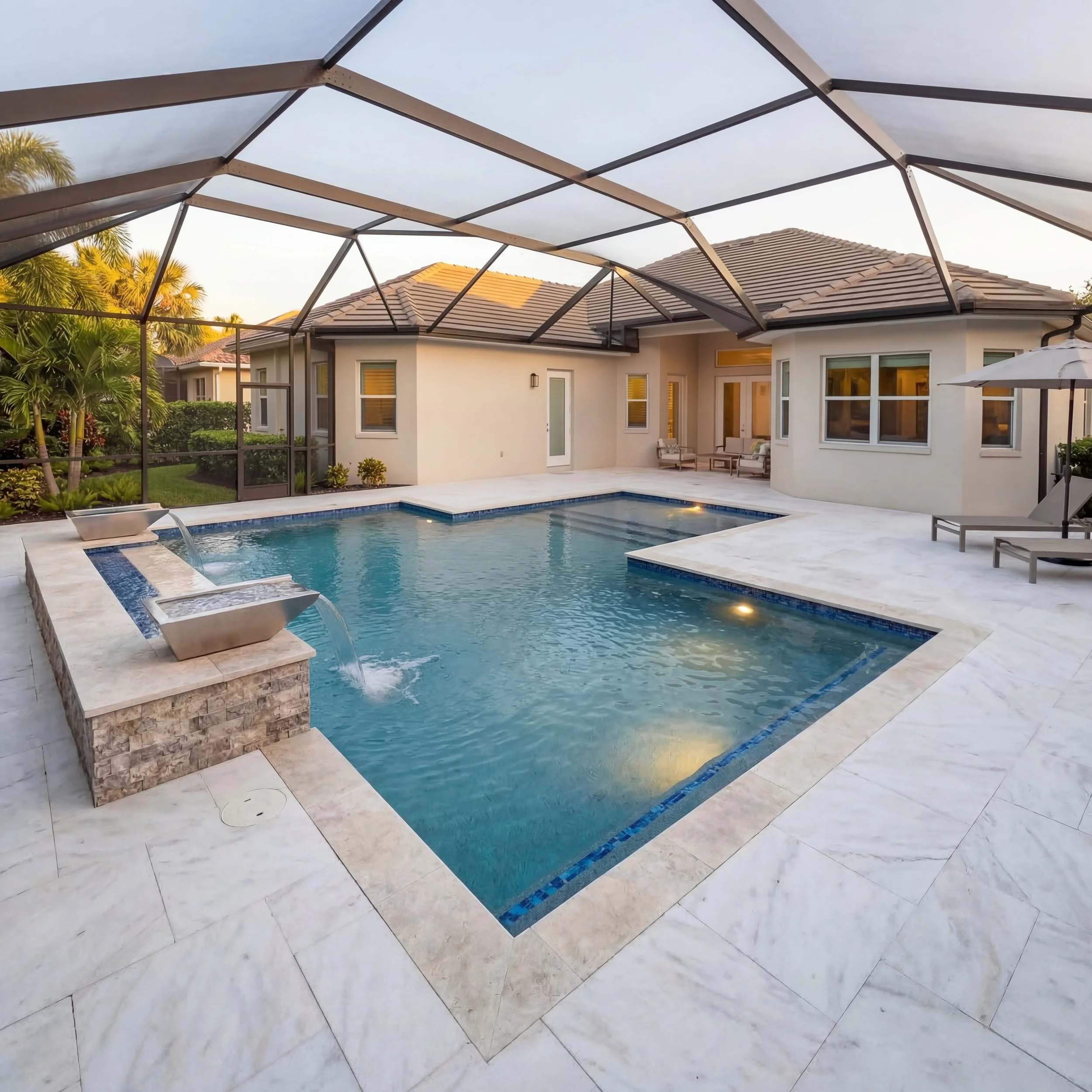 Backyard swimming pool with patio seating, tropical landscaping, and waterfront canal views at sunset in Sarasota.
