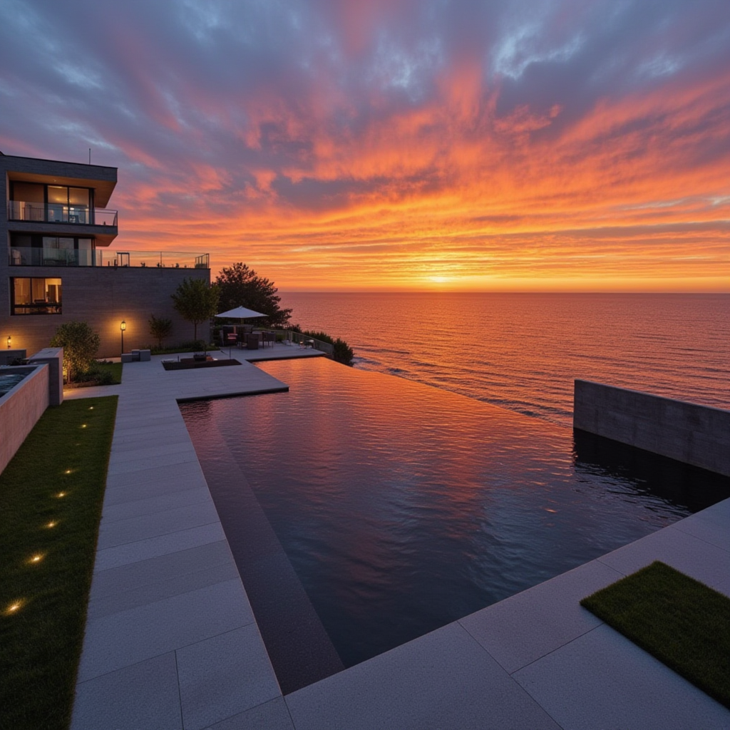 A luxurious modern building with large glass windows and balconies overlooking an infinity pool and the ocean during sunset, with colorful clouds in the sky.