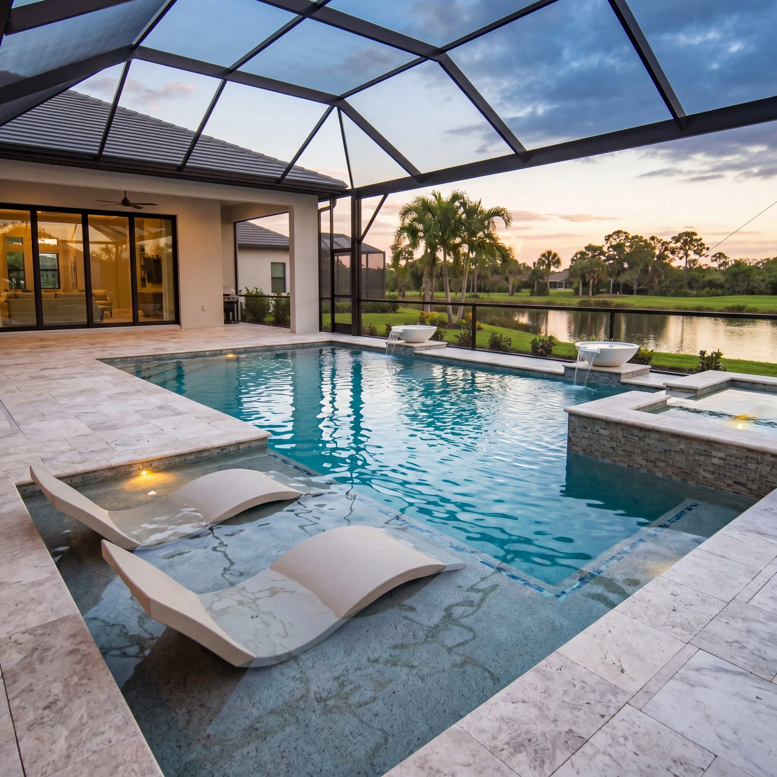 Luxury screened pool and outdoor living area overlooking natural Florida landscape with water views at sunset in Sarasota County by Chosen Pool and Spa.