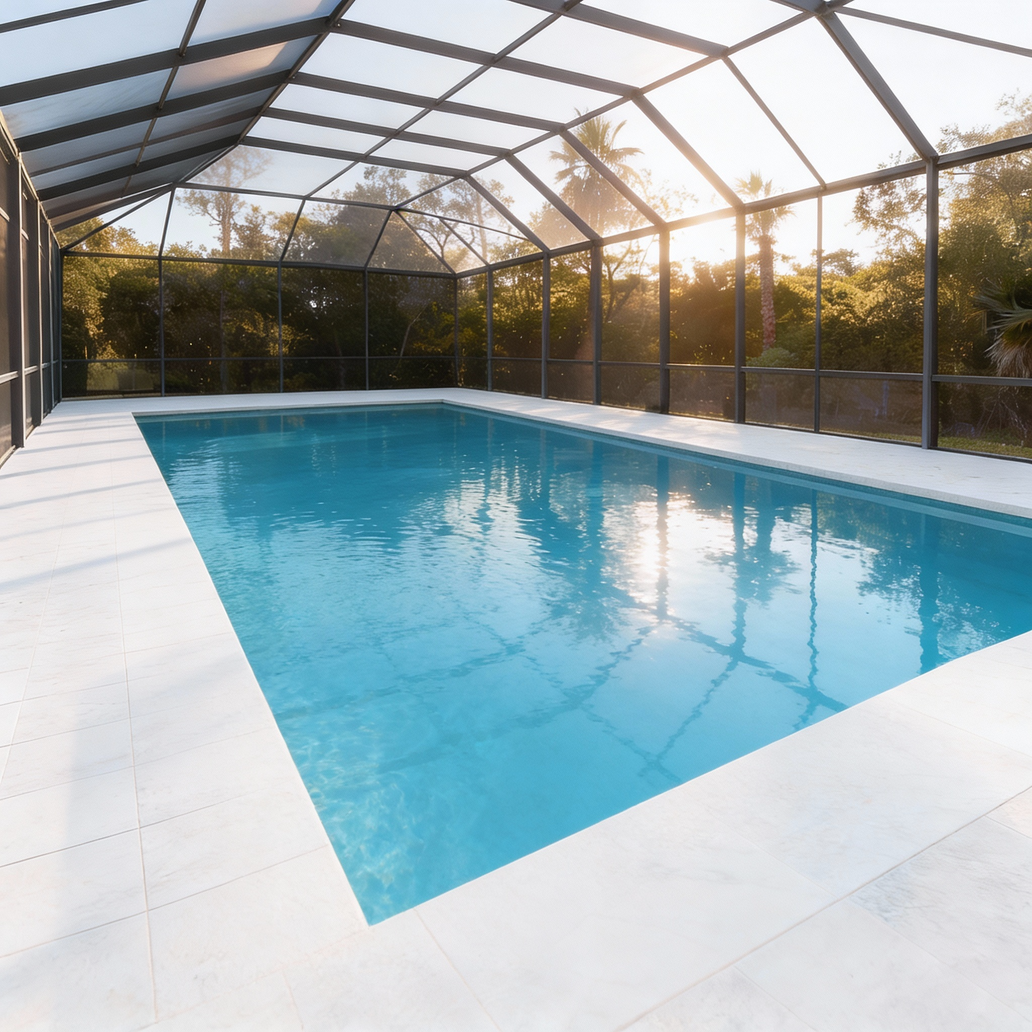 Modern screened-in pool and spa with white marble decking and custom outdoor living space in Sarasota, Florida.
