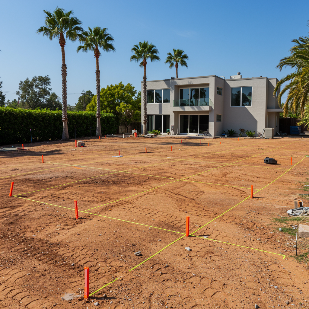 A new house under construction with a dirt lot and yellow construction lines marking the area, surrounded by tall palm trees on a sunny day.