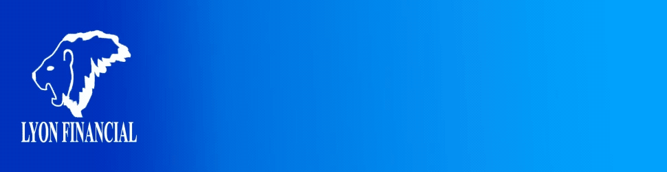 Lyon Financial logo with a white lion head on a blue gradient background.