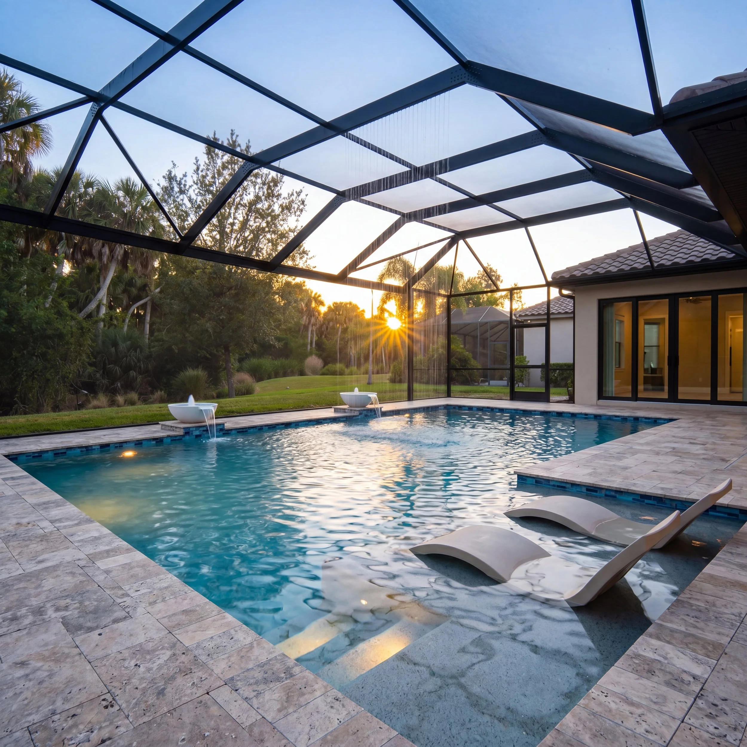 Luxury screened patio pool design at sunset with tropical landscaping and custom outdoor living space in Sarasota County Florida.