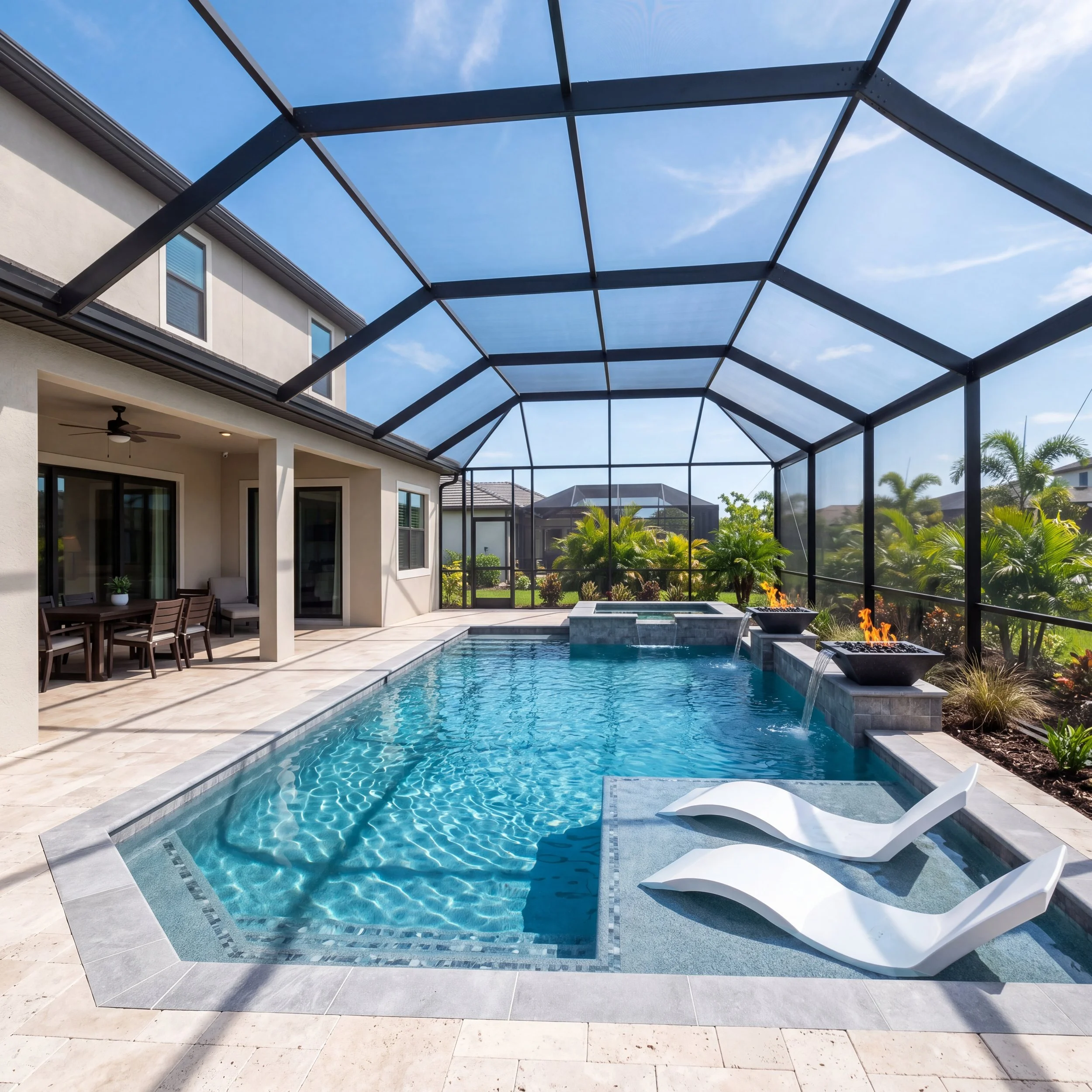 Luxury screened swimming pool with tropical landscaping and modern Florida home architecture in Sarasota County.