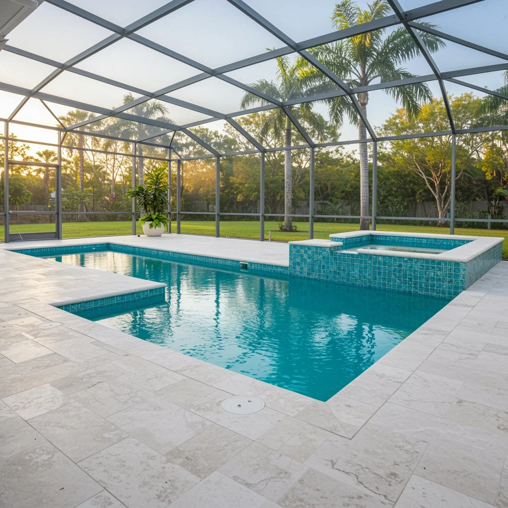An enclosed backyard pool with a hot tub, surrounded by beige tile flooring, with green trees and palm trees outside in the background.