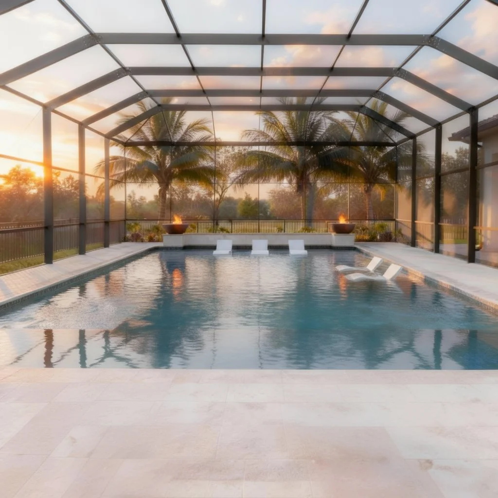 An enclosed backyard swimming pool at sunset with lounge chairs, palm trees, and fire pits.