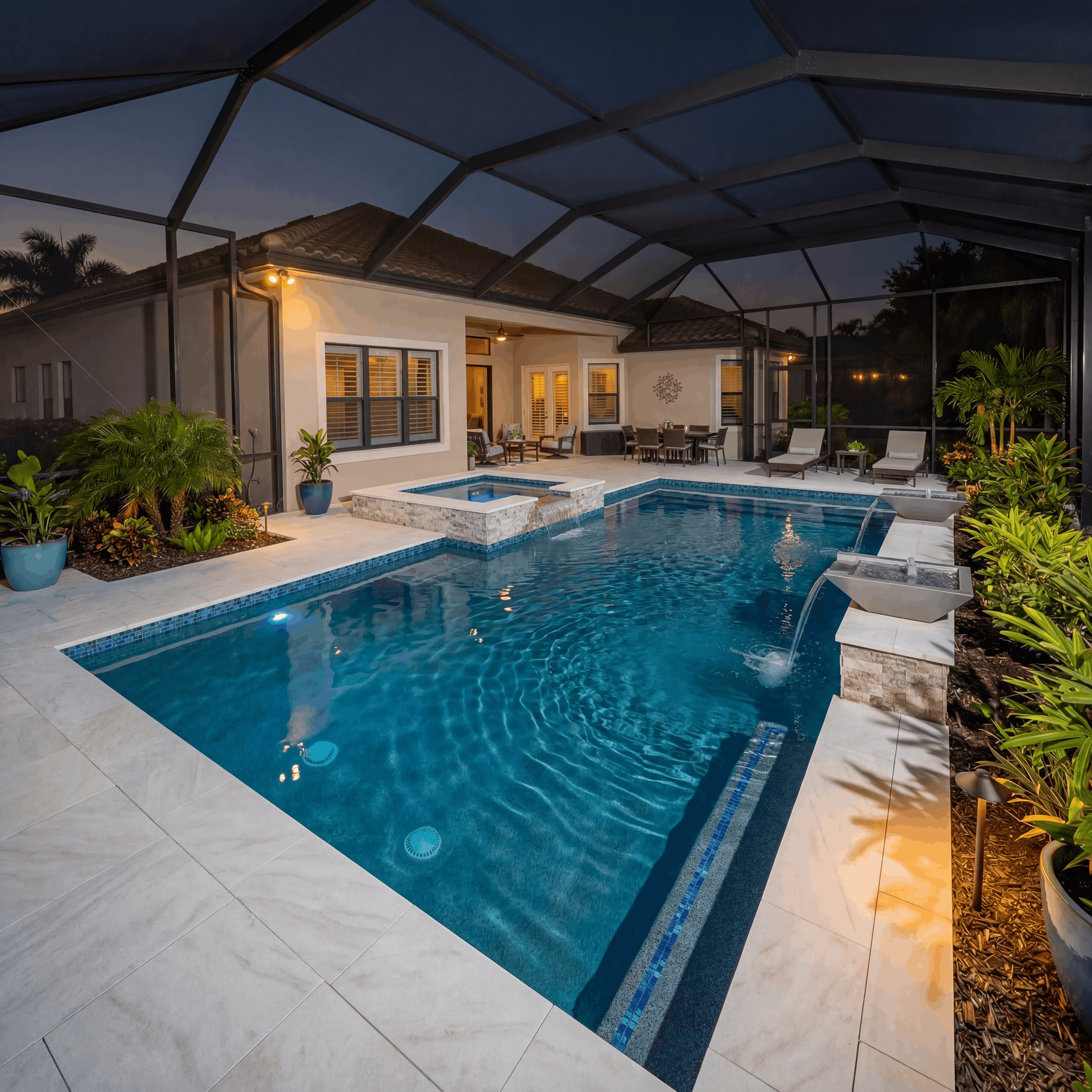 Luxury screened-in backyard swimming pool with outdoor furniture, tropical landscaping, and illuminated modern Florida home at dusk in Sarasota County.