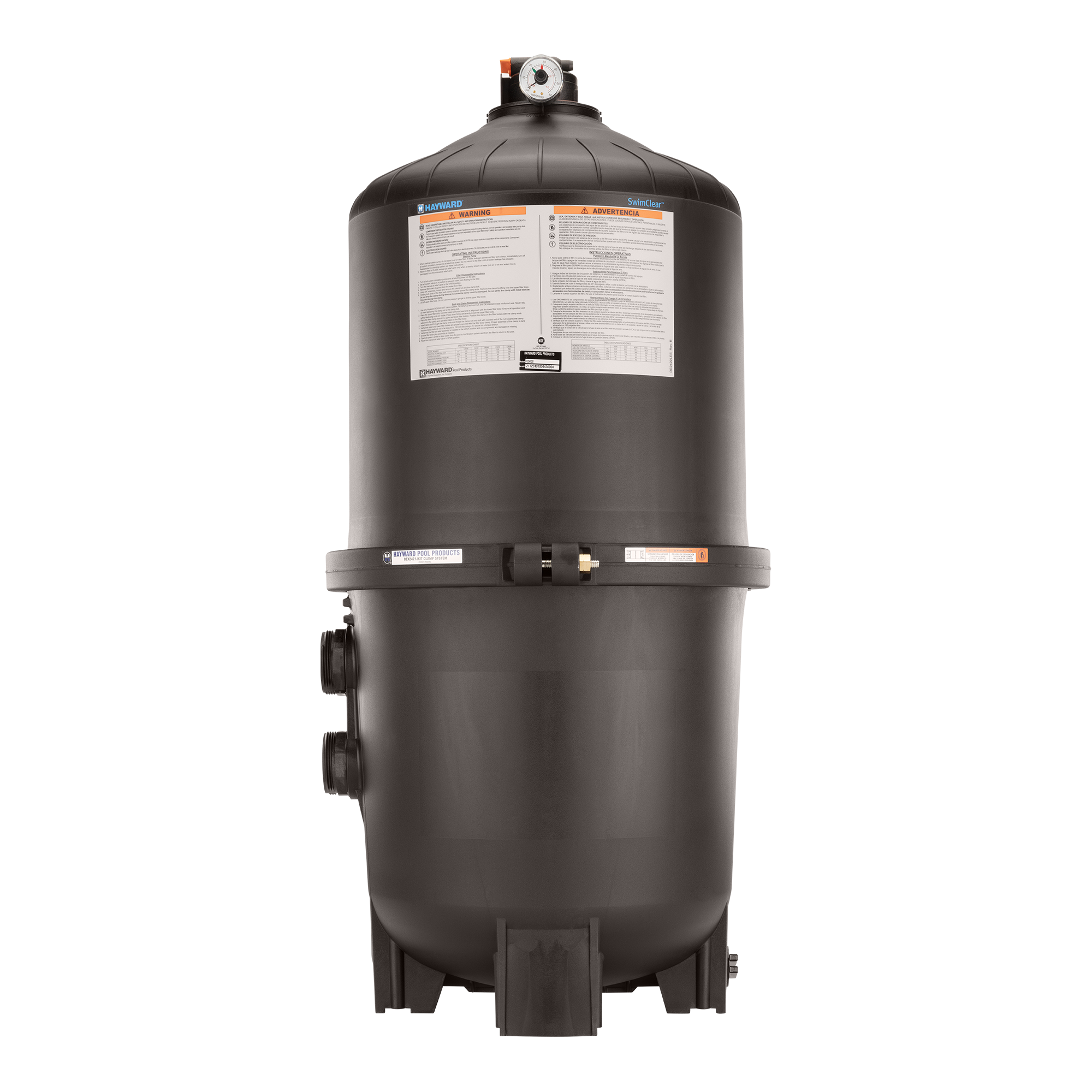 Black pool filter tank with a pressure gauge on top and manual control valves on the side.