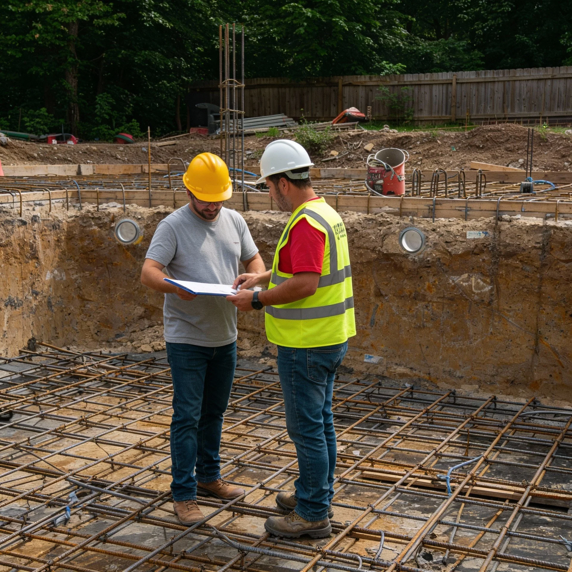 Two construction workers wearing safety helmets and reflective vests inspecting documents at a building site with exposed rebar and construction materials.