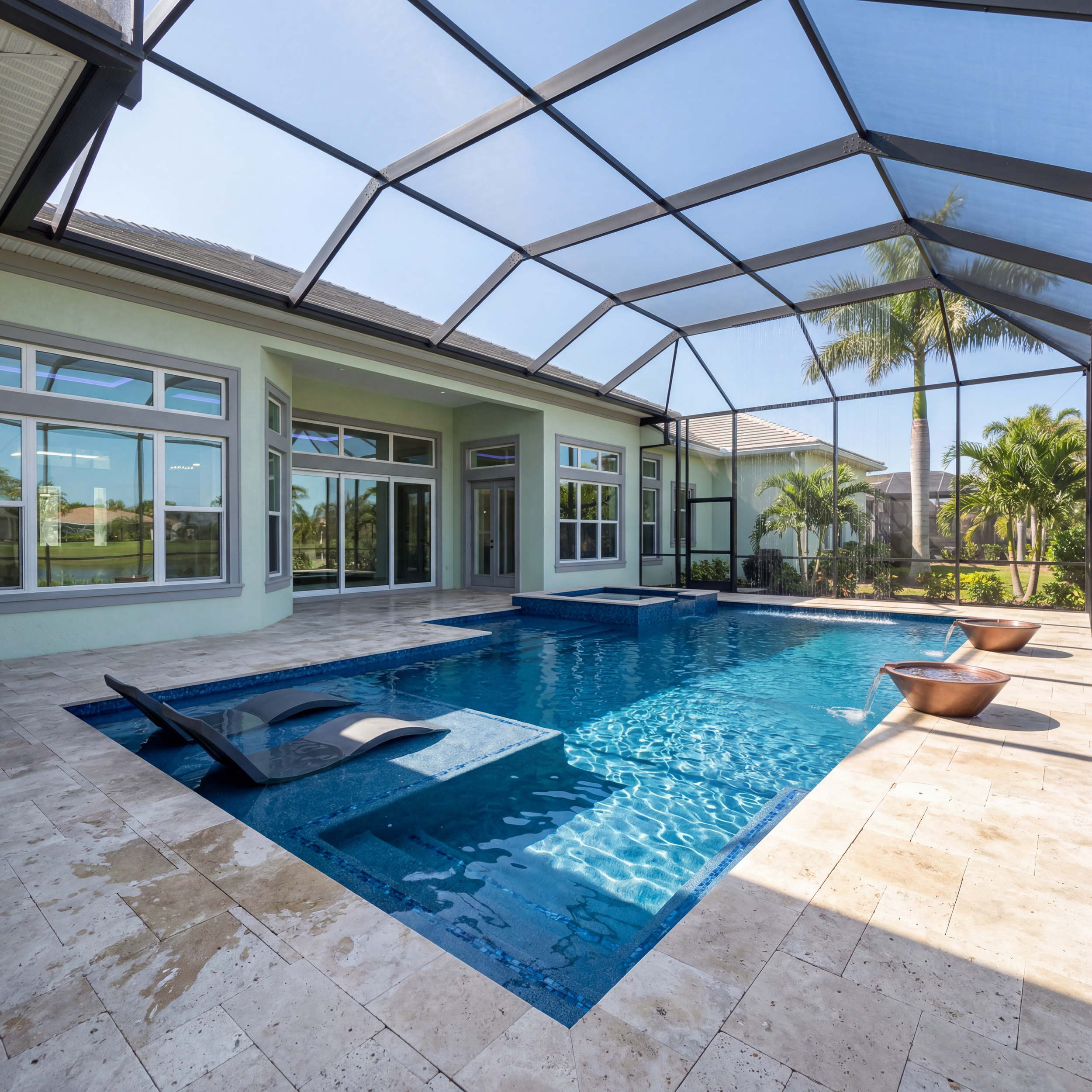 Luxury Sarasota Florida backyard with custom swimming pool, beige marble pool deck, screened enclosure, palm trees, and modern outdoor living area at a high-end custom home by Chosen Pool and Spa.
