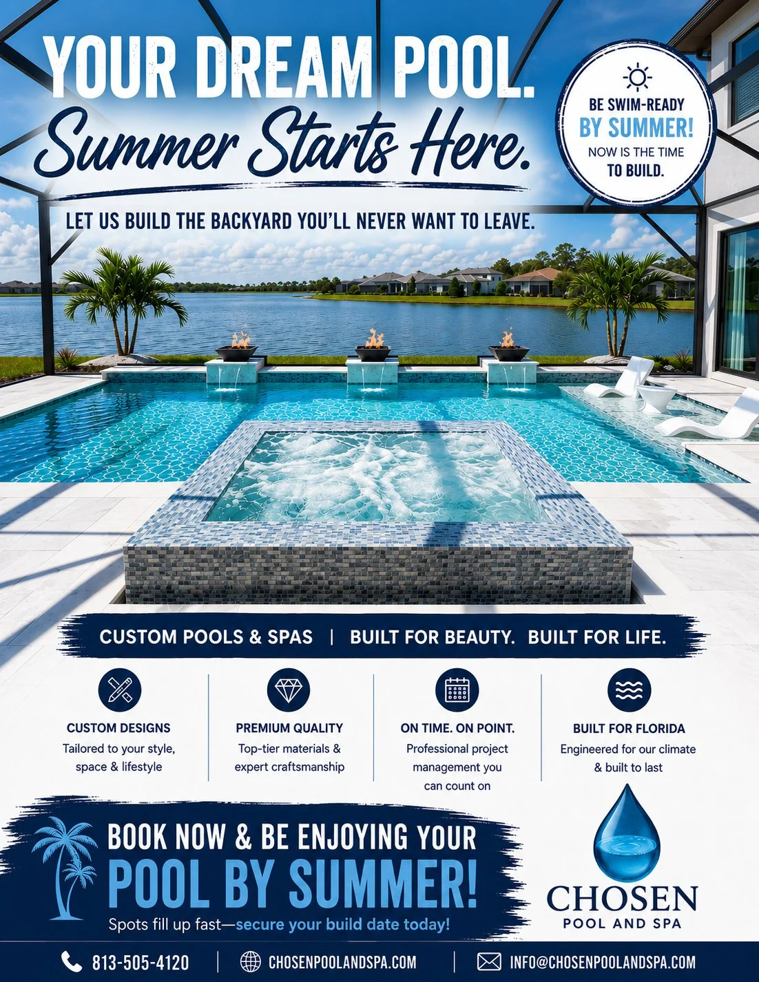 Luxury custom swimming pool and spa advertisement by Chosen Pool and Spa featuring waterfront outdoor living in Sarasota.