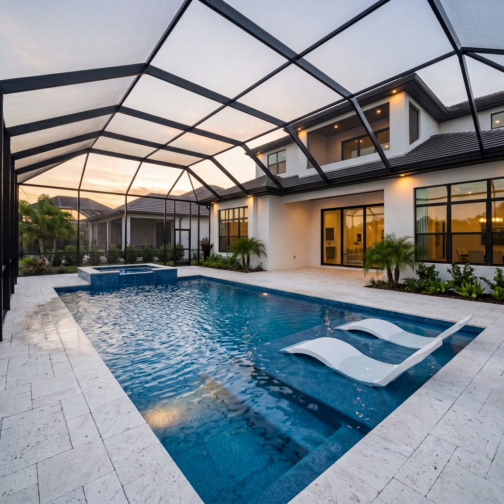 Luxury backyard pool with white lounge chairs, screened enclosure, and modern two-story Florida home in Sarasota County designed by Chosen Pool and Spa at sunset.