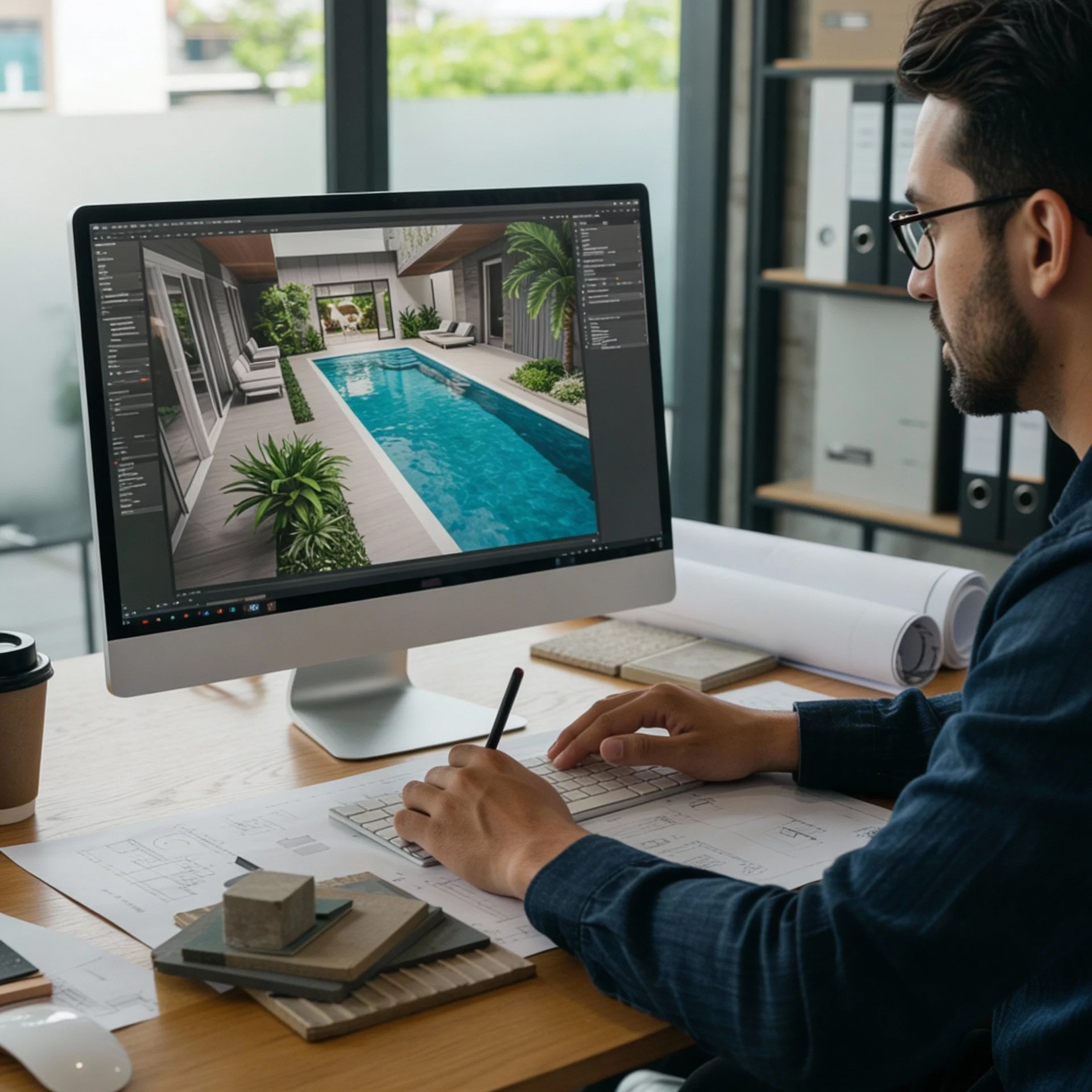 A man working at a desk using a computer to design a backyard pool with surrounding greenery.