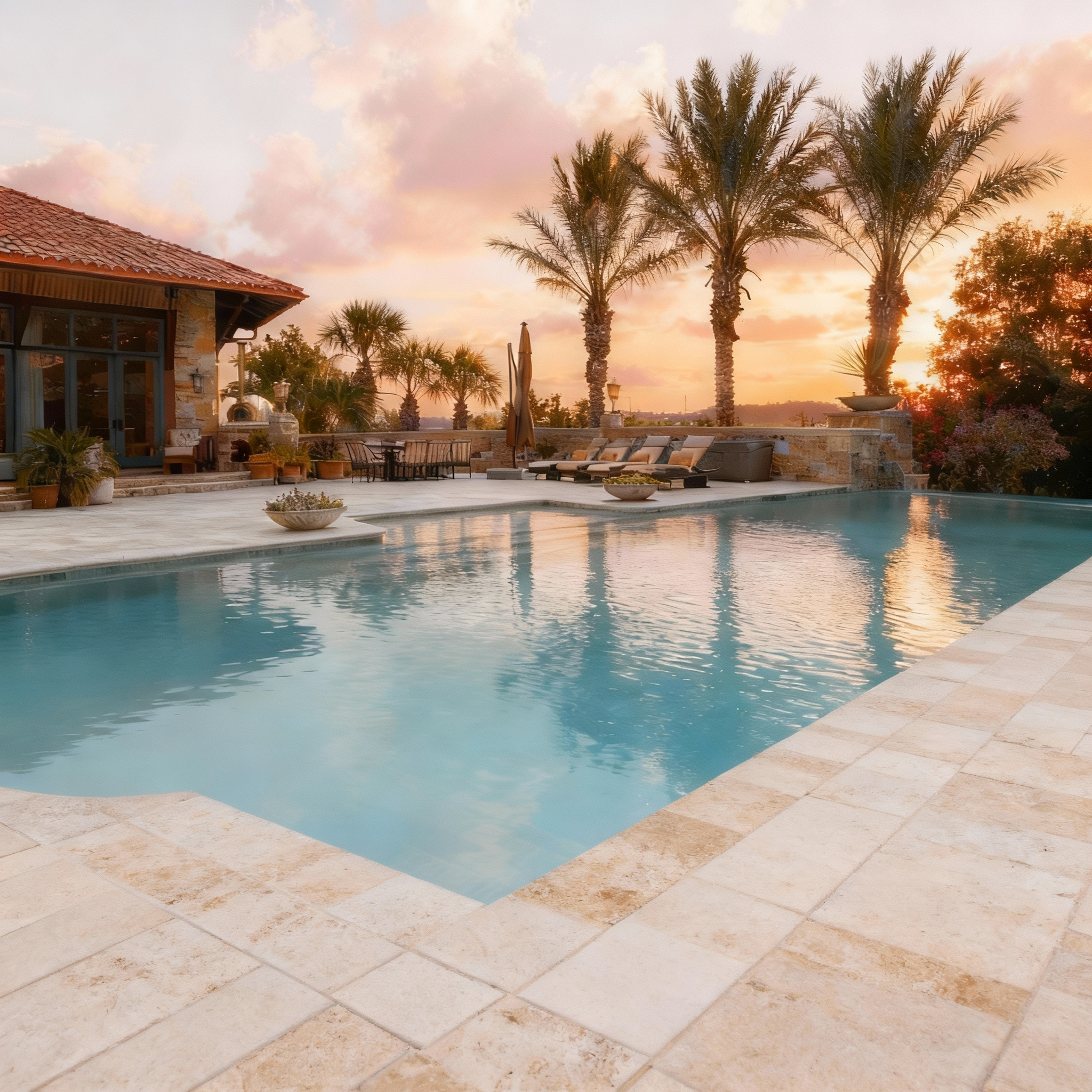 A backyard pool area at sunset with lounge chairs, potted plants, palm trees, and a house in the background.