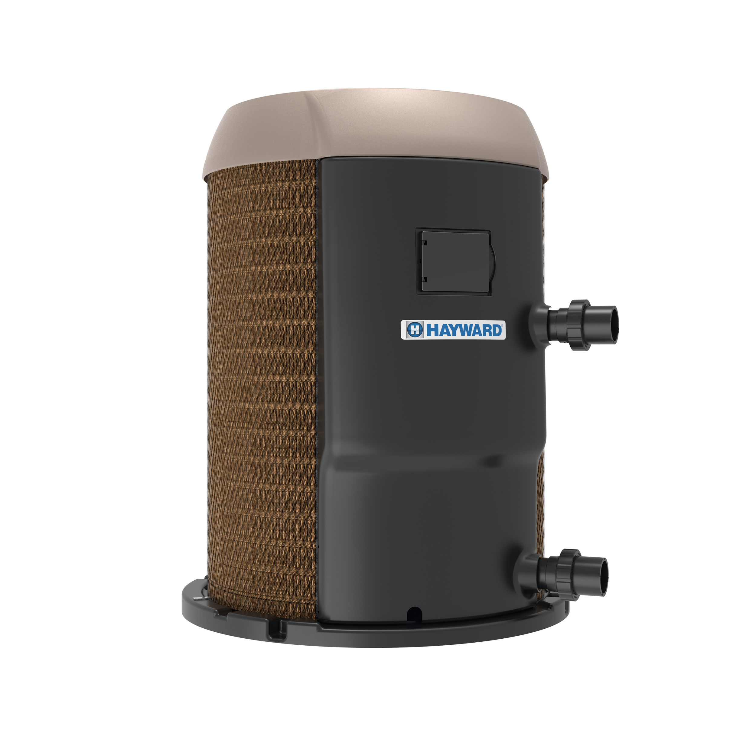 A Hayward heat exchanger with black plastic casing, brown filter media on the side, and two black pipe connections on the front.