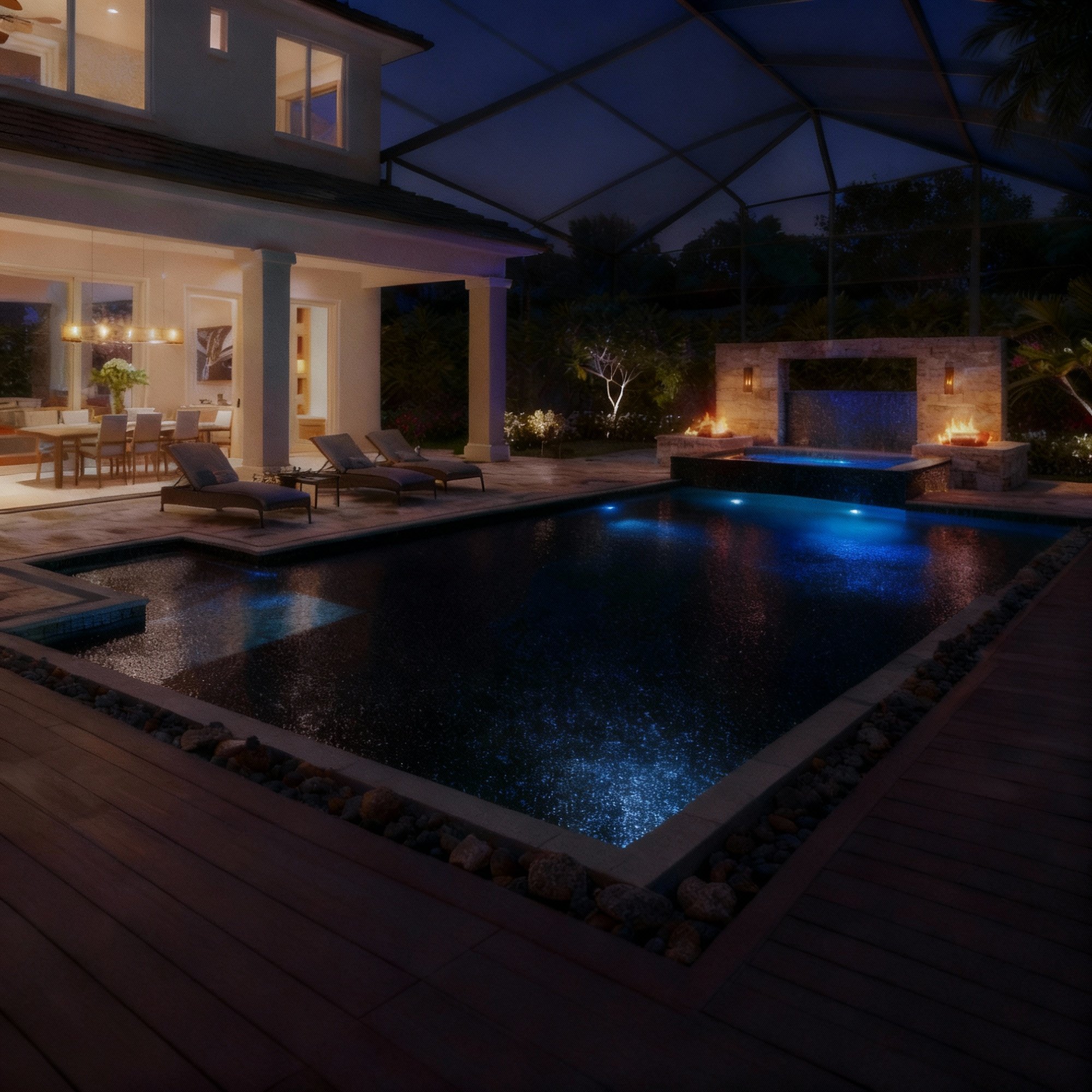 Night view of a backyard with a swimming pool, lounge chairs, a fire pit, and a covered patio area with indoor lighting.
