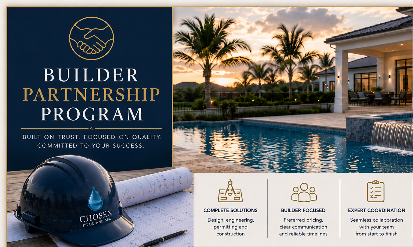 A promotional flyer for the Builder Partnership Program featuring a luxury home pool, palm trees, and a sunset sky. The flyer mentions design, engineering, and construction solutions, as well as builder-focused communication and expert coordination, with a construction helmet and blueprints in the foreground.
