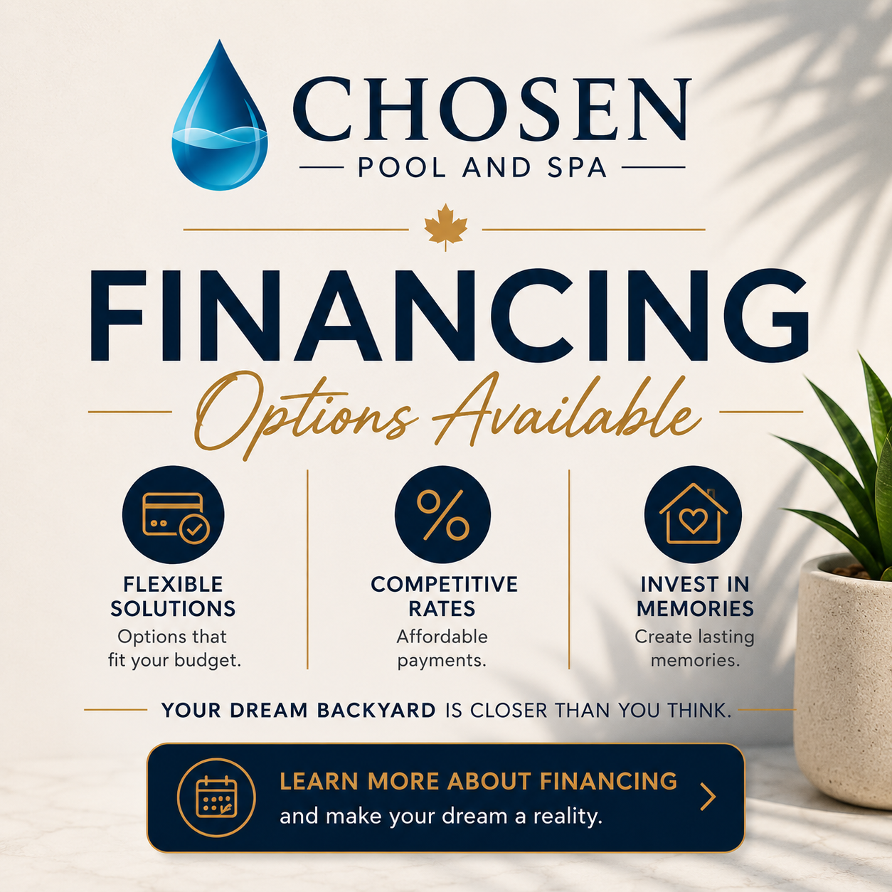 Sign for Chosen Pool and Spa offering financing options, including flexible solutions, competitive rates, and investing in memories, with a potted plant in the background.