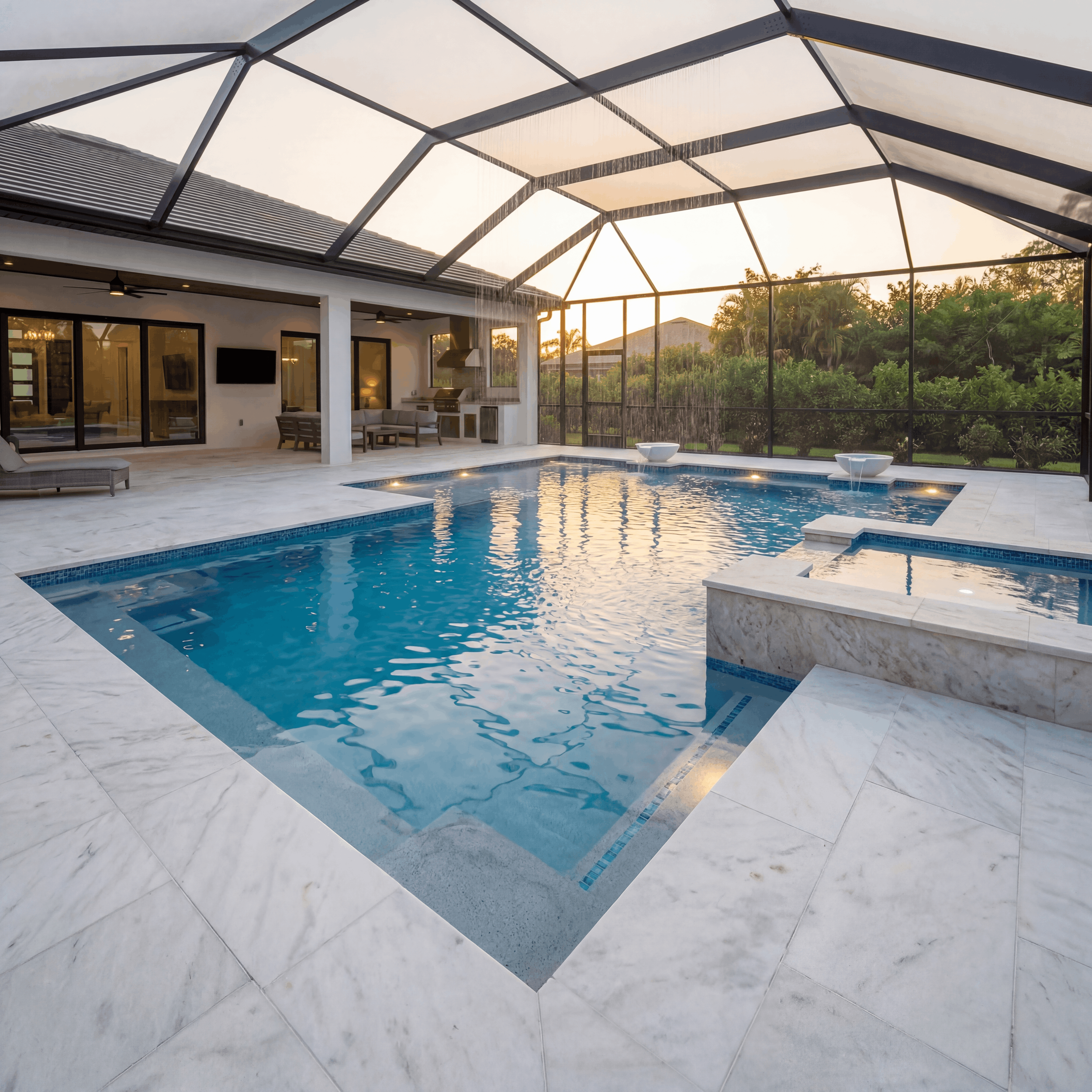 Modern Sarasota swimming pool with screened enclosure, luxury outdoor furniture, and waterfront sunset views.