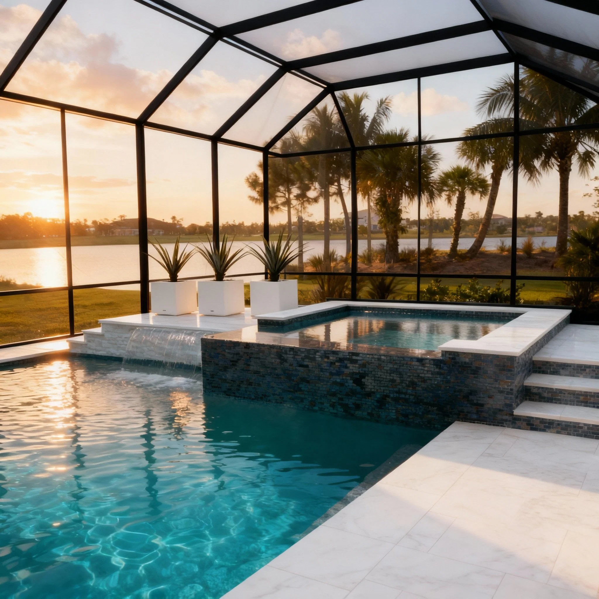 Screened-in backyard pool area with hot tub, steps, waterfall feature, and potted plants, overlooking a lake at sunset with palm trees in the background.