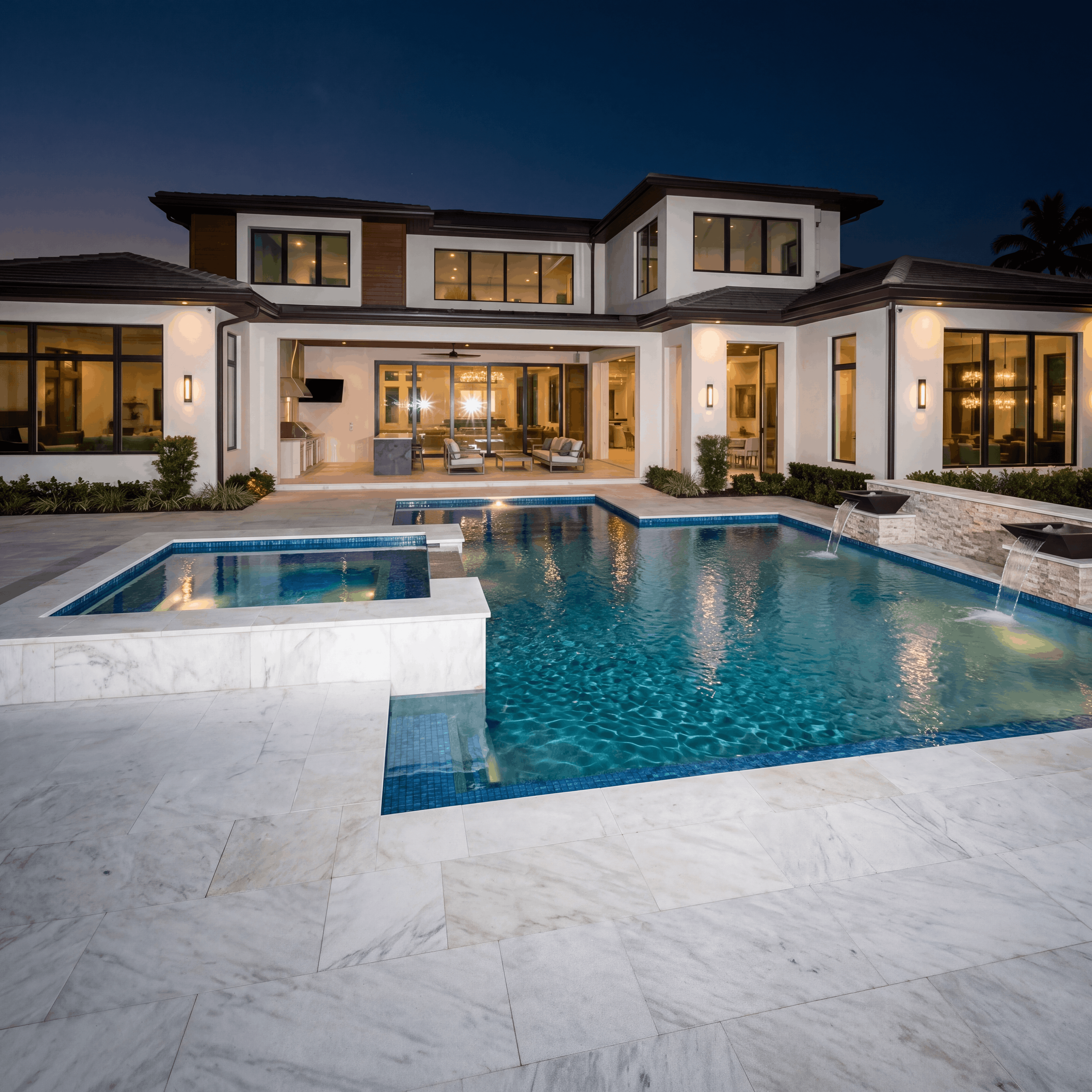Luxury custom pool and modern outdoor living space at a Sarasota Florida home featuring large windows, outdoor seating, and resort-style backyard design by Chosen Pool and Spa.