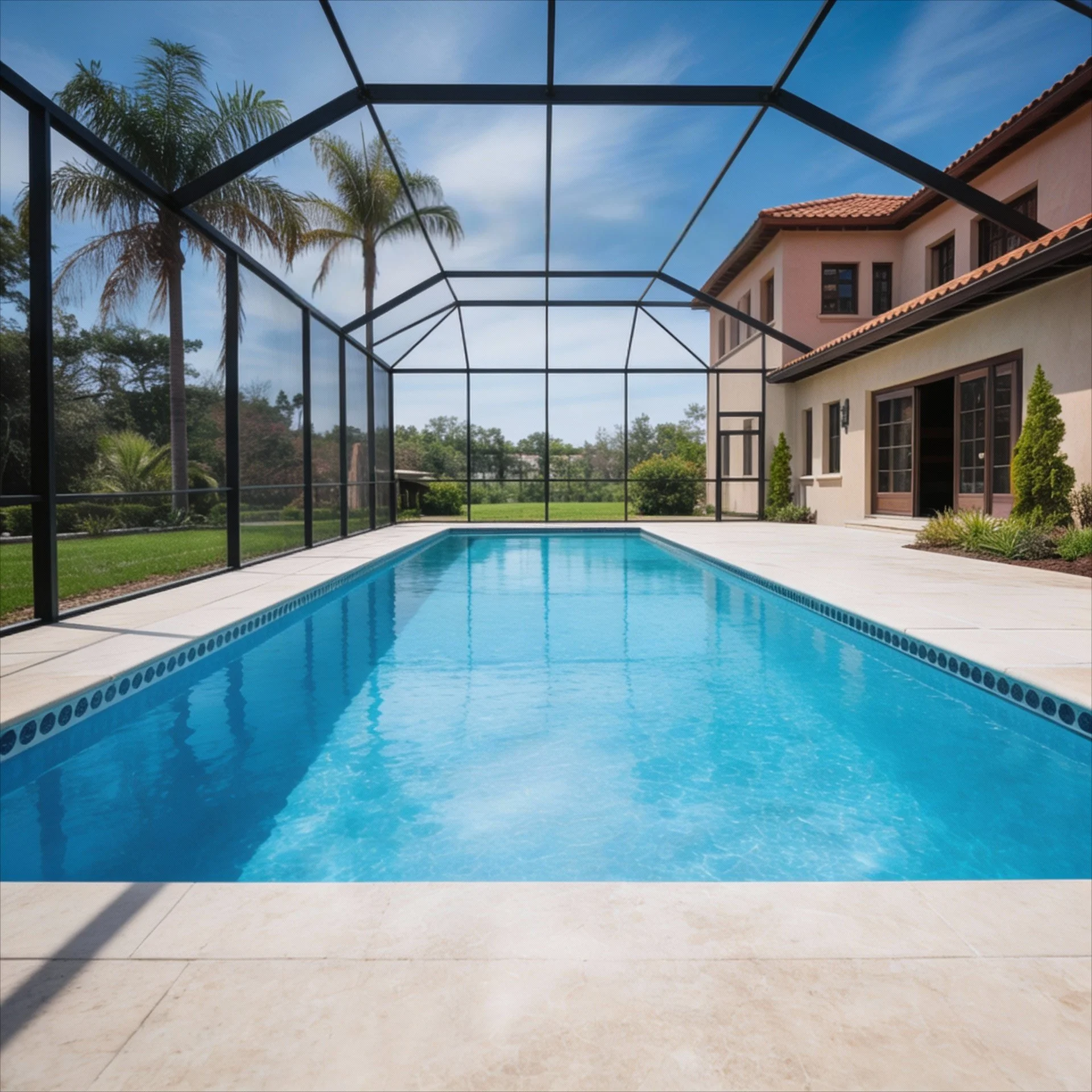 Outdoor backyard swimming pool enclosed by a black screen structure with a house in the background, green grass, palm trees, and a partly cloudy blue sky