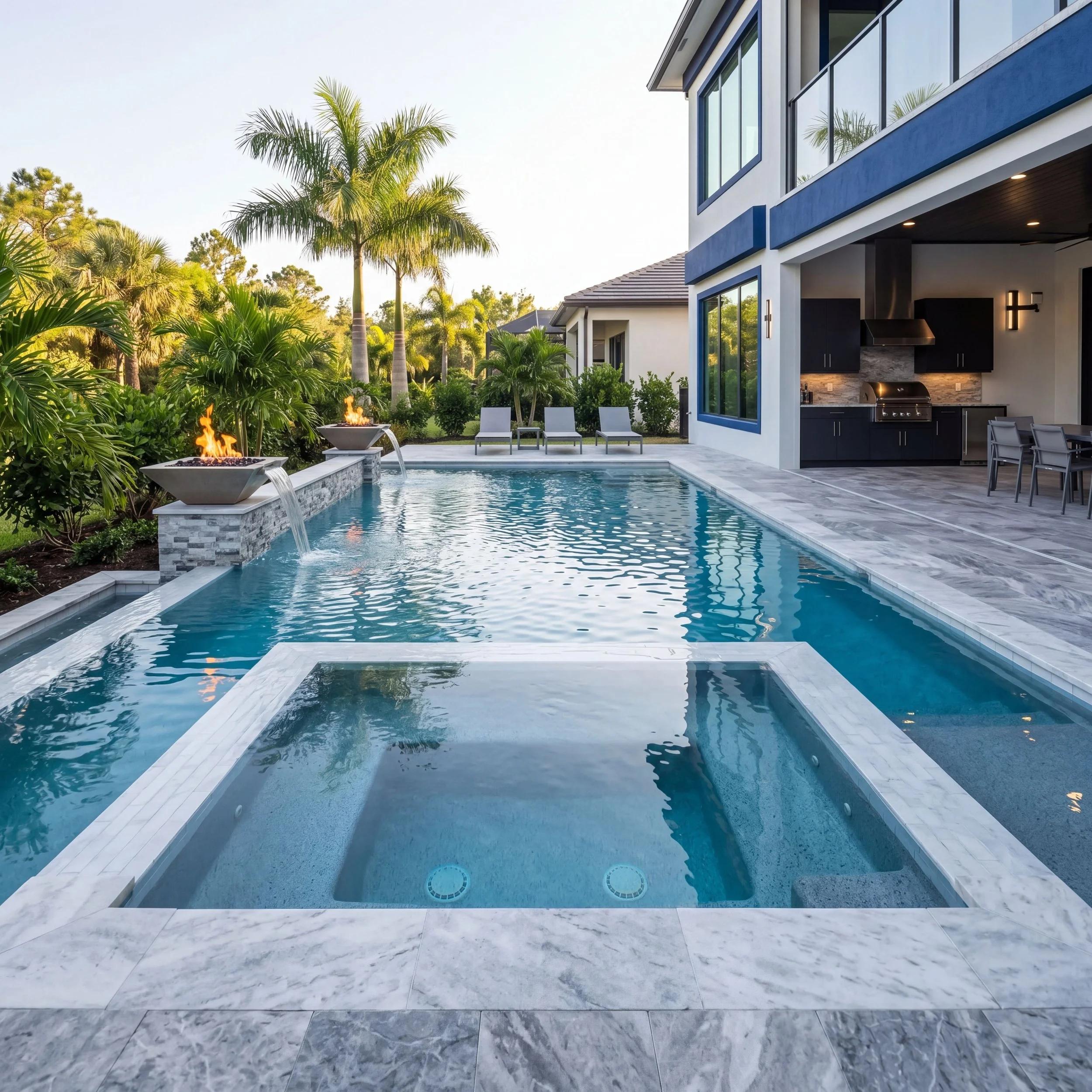 Luxury Sarasota Florida custom pool with fire pits, tropical landscaping, and modern outdoor living area at a high-end custom home by Chosen Pool and Spa.