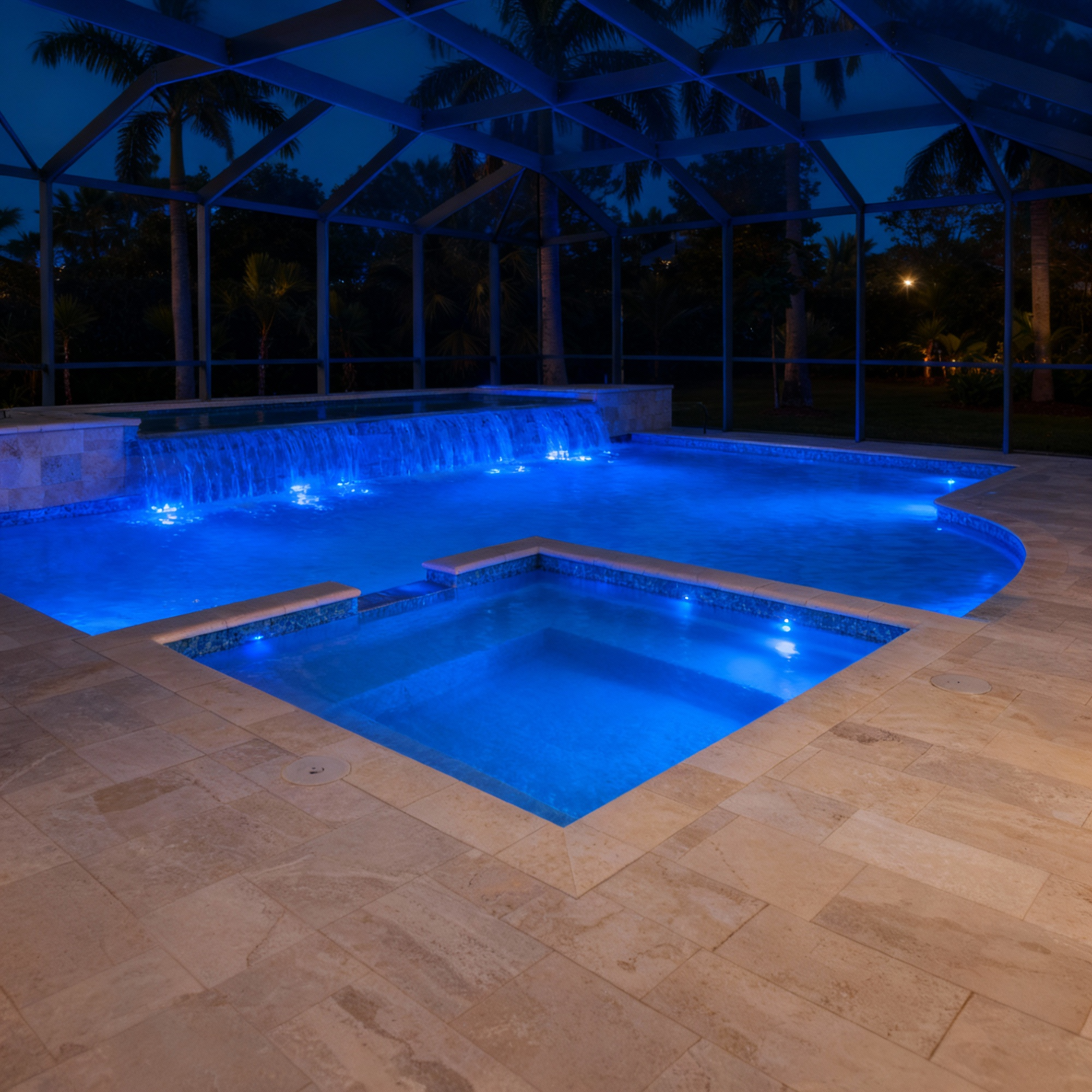 Night view of a backyard swimming pool with built-in hot tub, illuminated with blue LED lights, enclosed by a screened structure, with palm trees in the background.