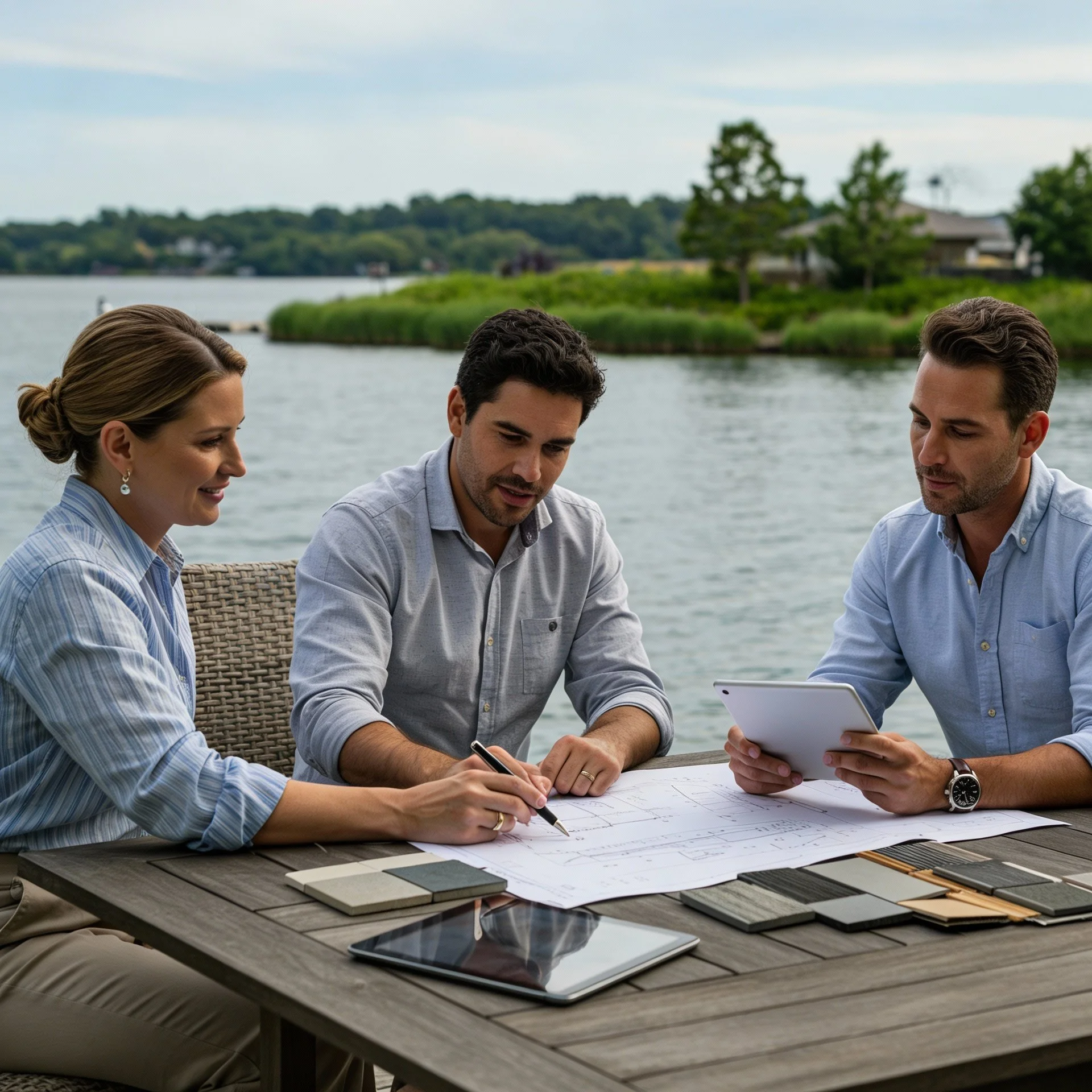Three people sitting at a table outdoors by a lake, looking at architectural plans and discussing, with samples of materials and a digital tablet on the table.
