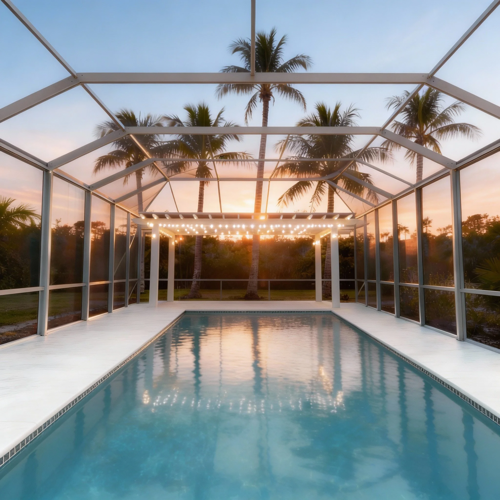 An enclosed backyard pool area with a screened roof and white deck, sunset view with palm trees in the background, and string lights hanging over the pool.