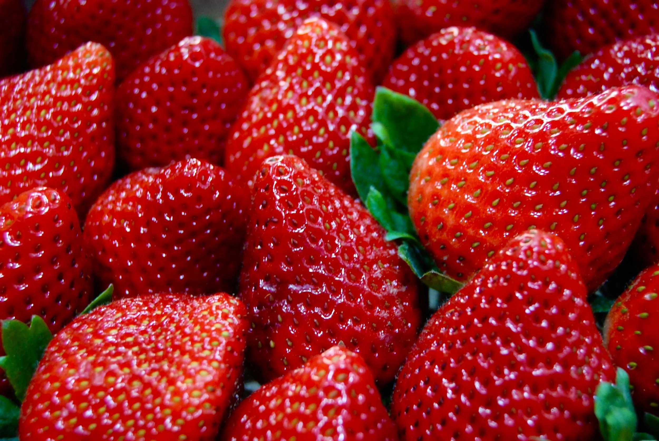 Close-up of fresh red strawberries with green leaves.