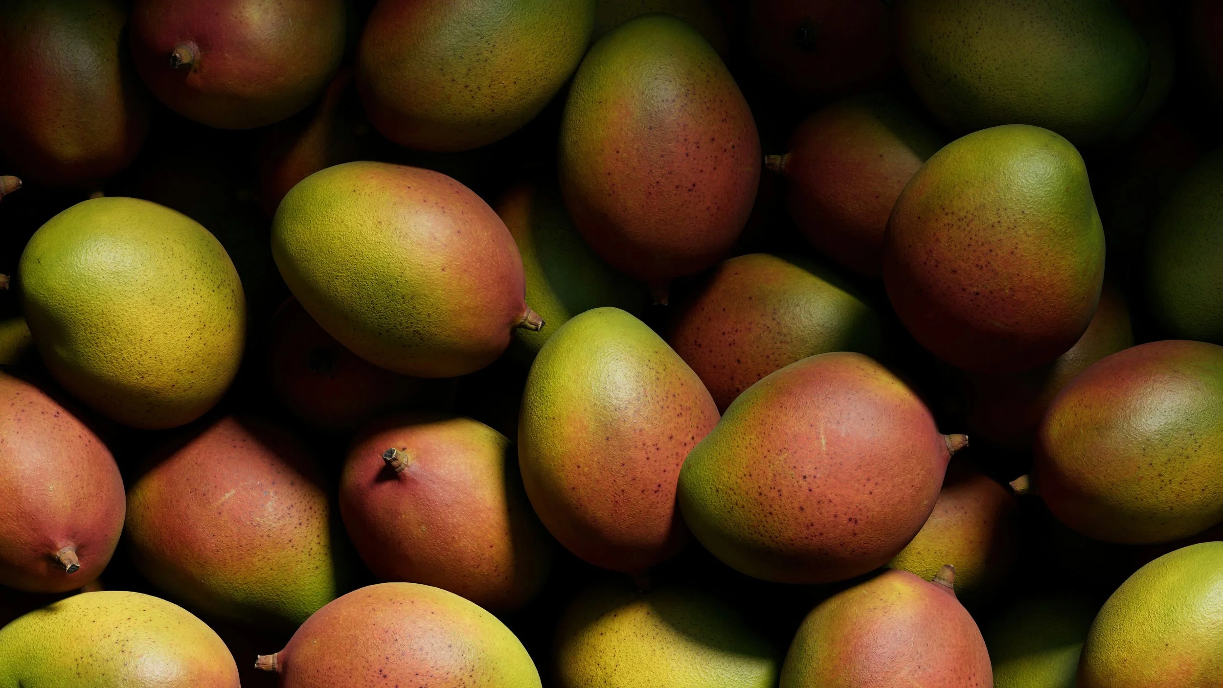 Close-up view of several ripe pears with a mix of green and pinkish-red colors, piled together.